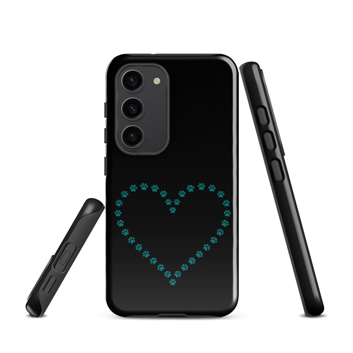 Phone Case for Samsung Galaxy with paw print heart design in black and teal, perfect for pet lovers seeking stylish and durable protection.