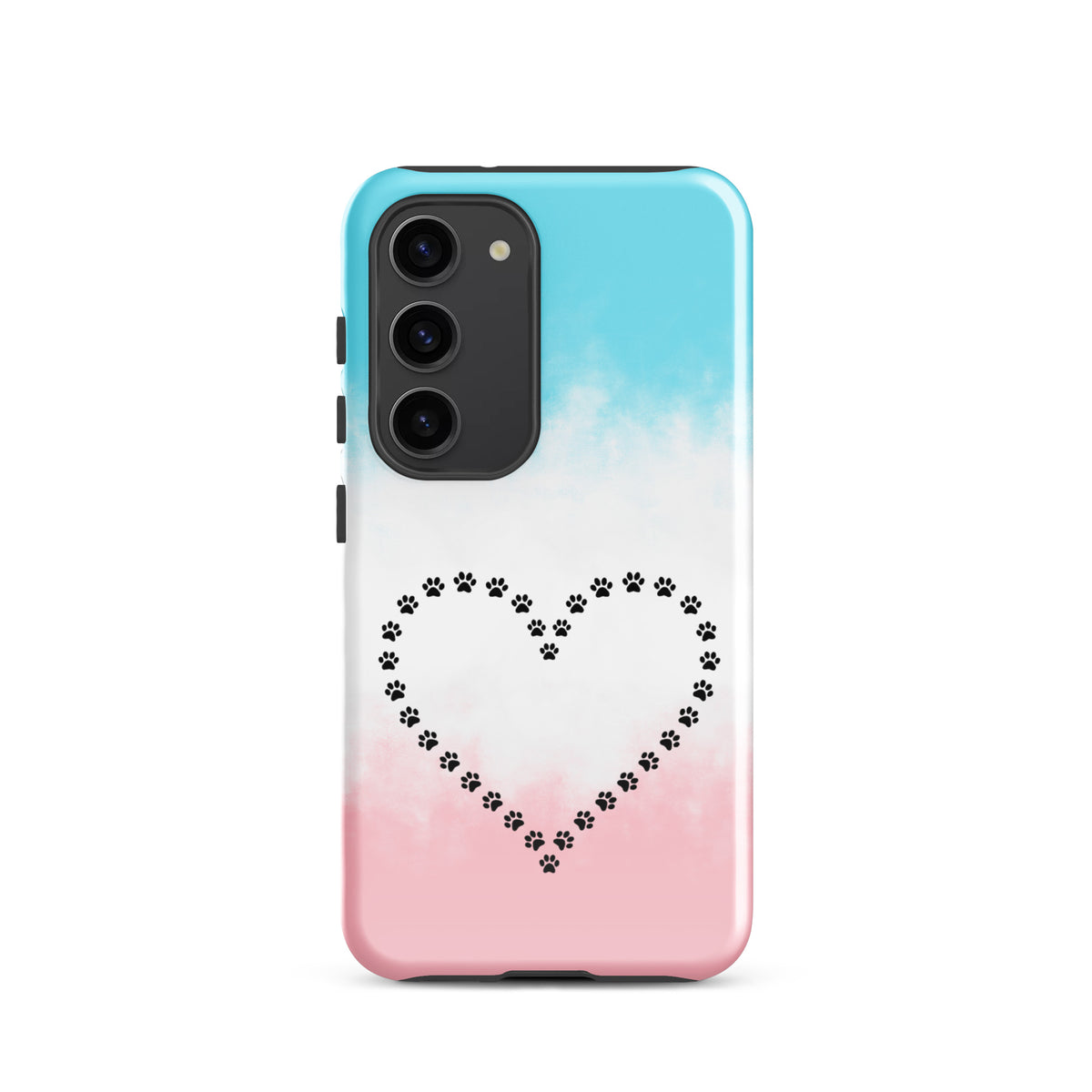 Phone Case for Samsung Galaxy with heart-paw print design in blue, white, pink colors, perfect for pet lovers seeking protection and style.
