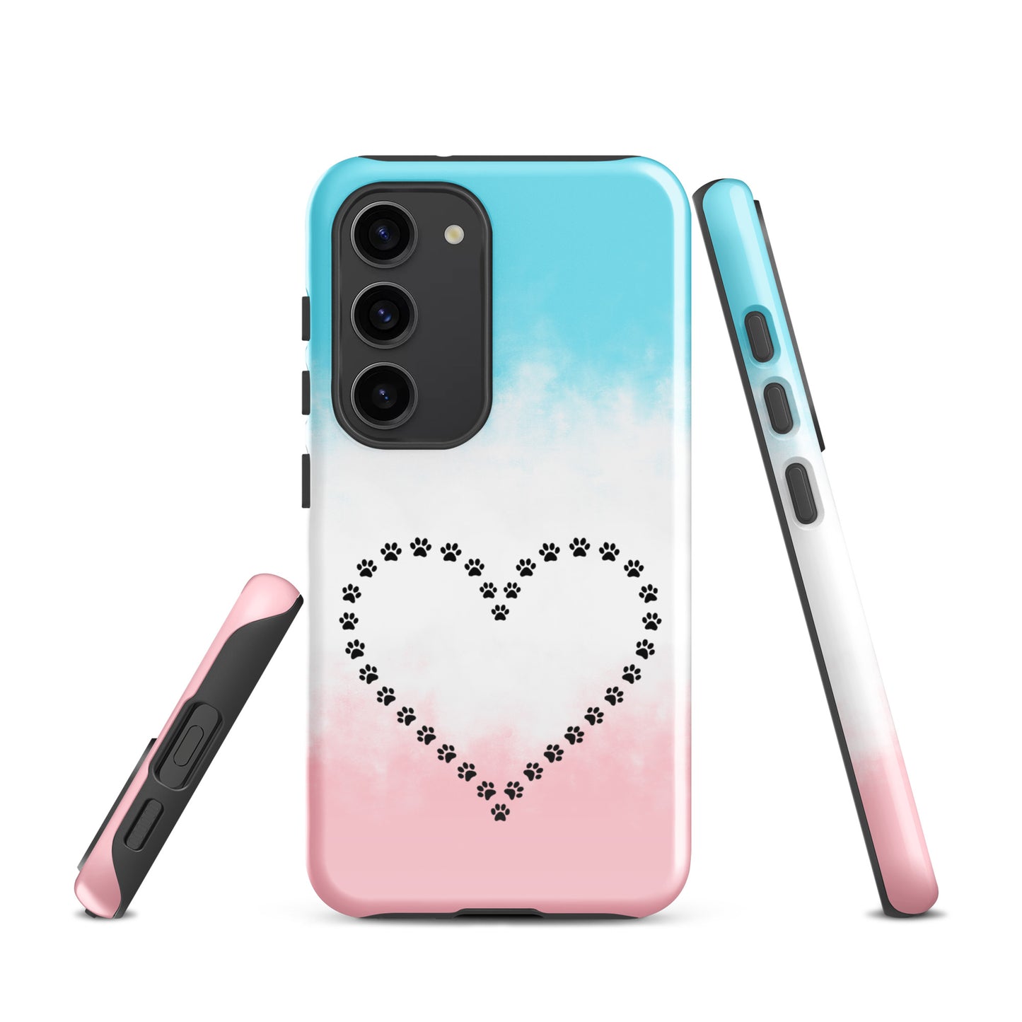 Phone Case for Samsung Galaxy with paw print heart design in blue, white, and pink, ideal for pet lovers seeking durability and style.