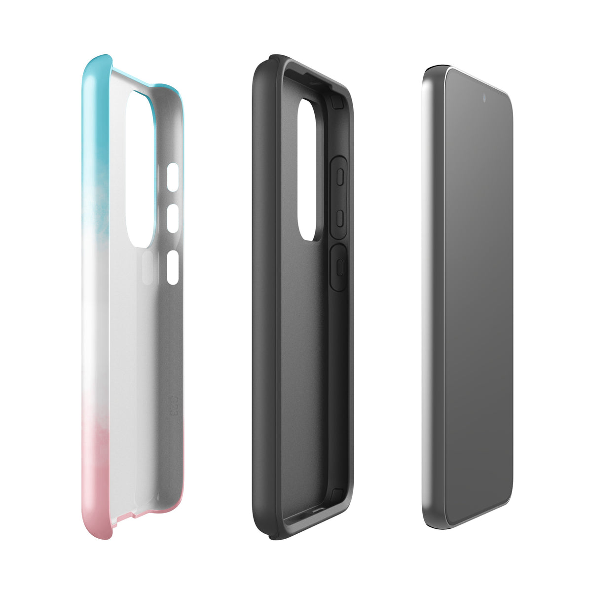 Phone Case with paw print heart design for Samsung Galaxy, blue white pink, three-piece protection, ideal for pet lovers and durability.