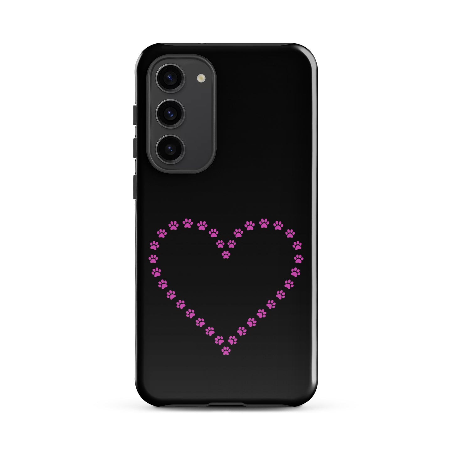 Phone Case for Samsung Galaxy with pink paw print heart design, perfect for pet lovers. Black and pink protective case.