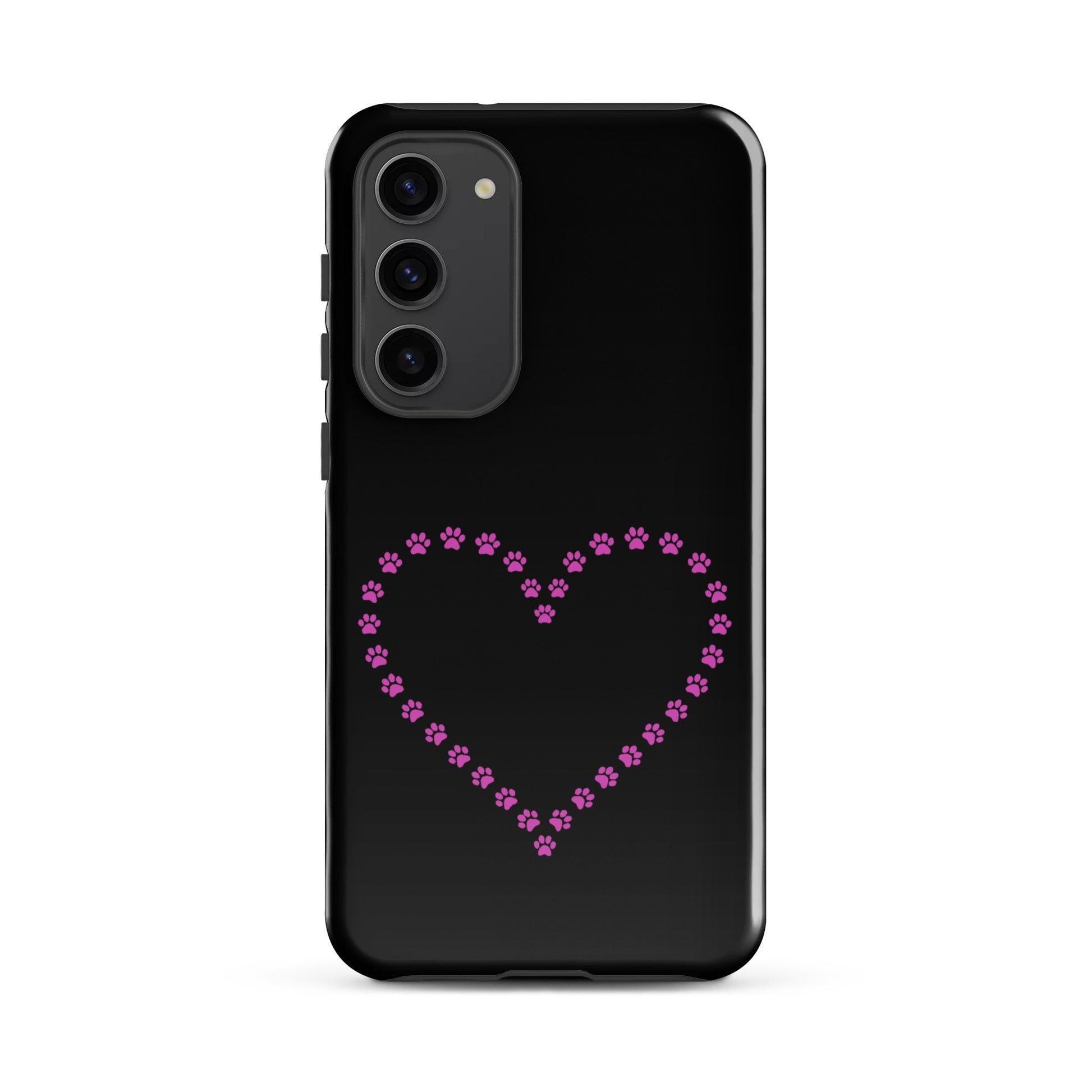 Phone Case for Samsung Galaxy with pink paw print heart design, perfect for pet lovers. Black and pink protective case.
