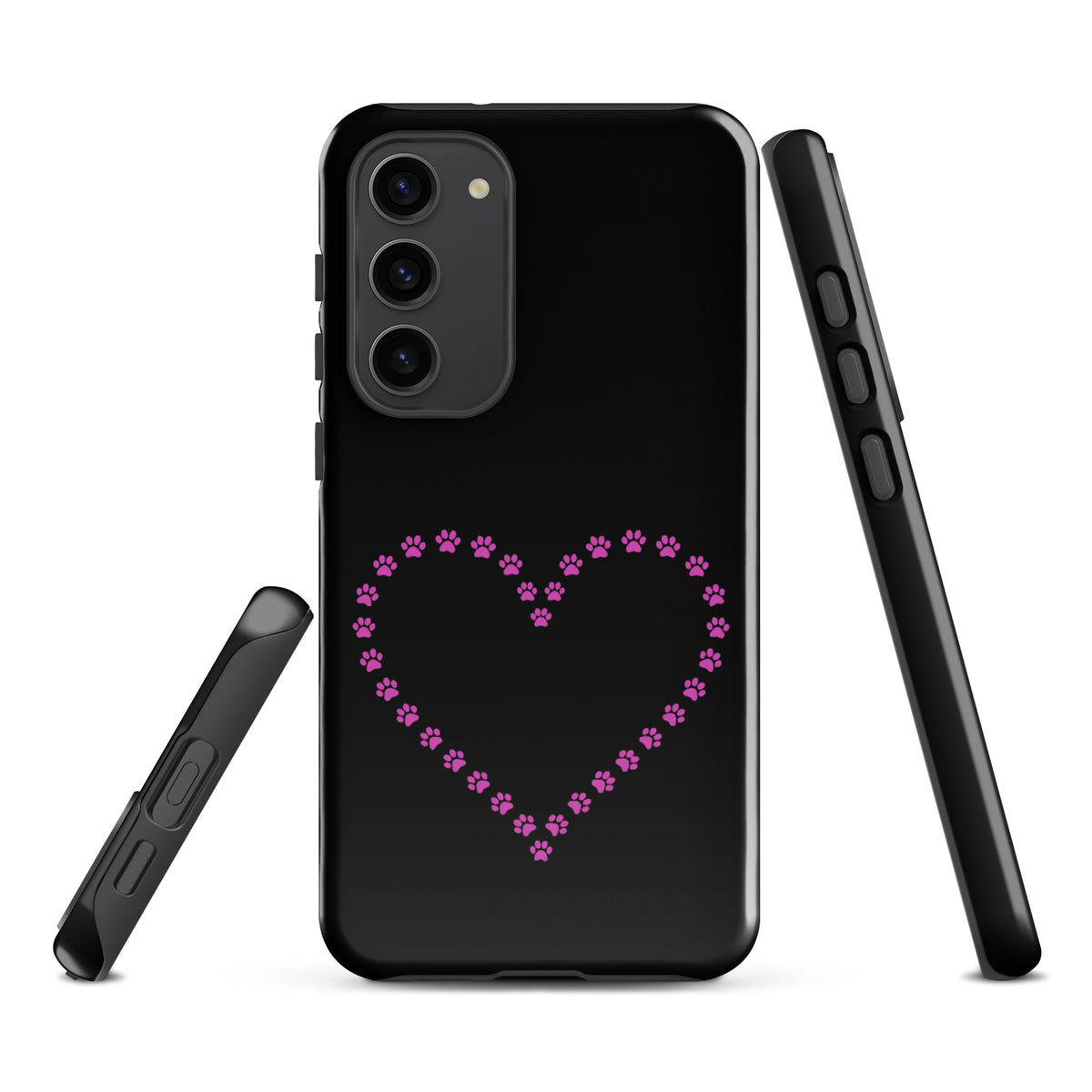 Phone Case for Samsung Galaxy with pink paw print heart design for pet lovers, black color showing back and side view