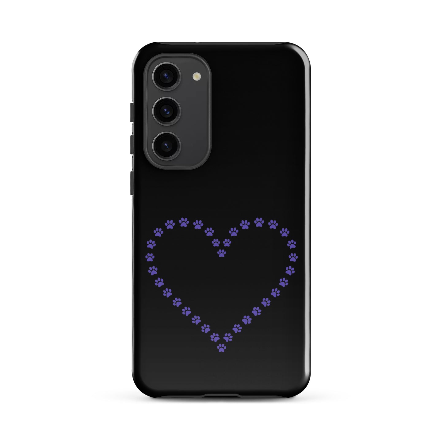 Phone Case for Samsung Galaxy with black and purple paw print heart design for pet lovers.