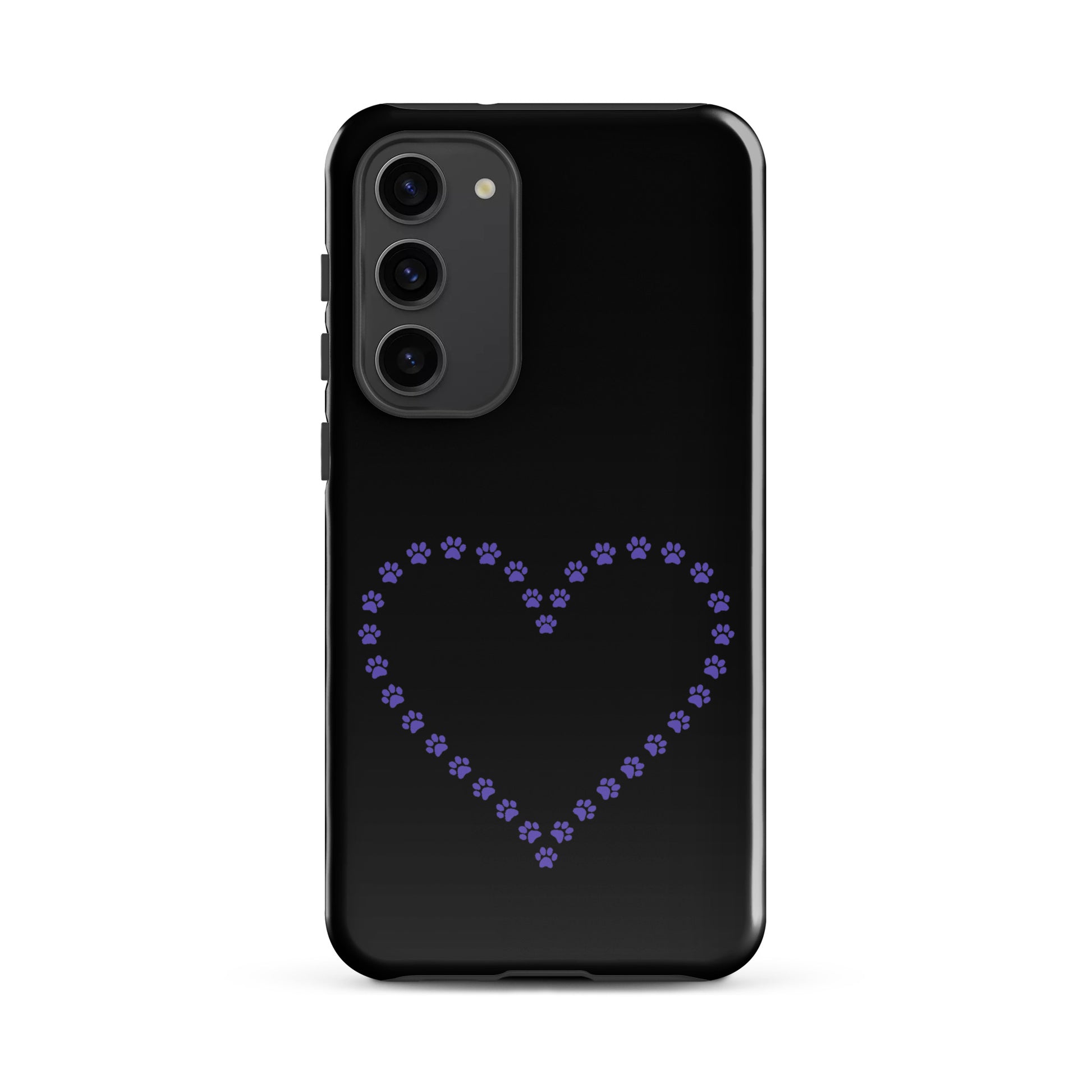 Phone Case for Samsung Galaxy with black and purple paw print heart design for pet lovers.
