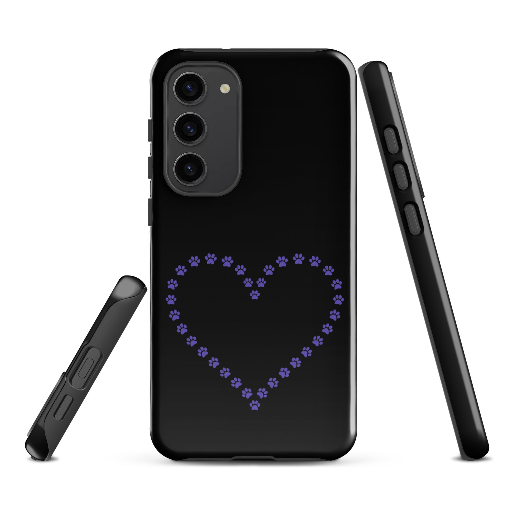 Phone Case for Samsung Galaxy with paw print heart design in black and purple for pet lovers.
