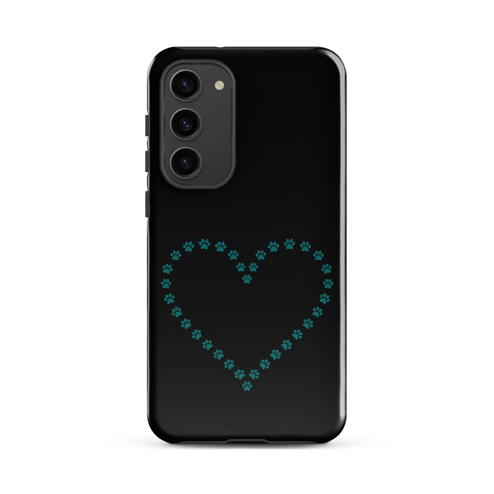 Phone Case for Samsung Galaxy with teal paw print heart design on black background, ideal for pet lovers.