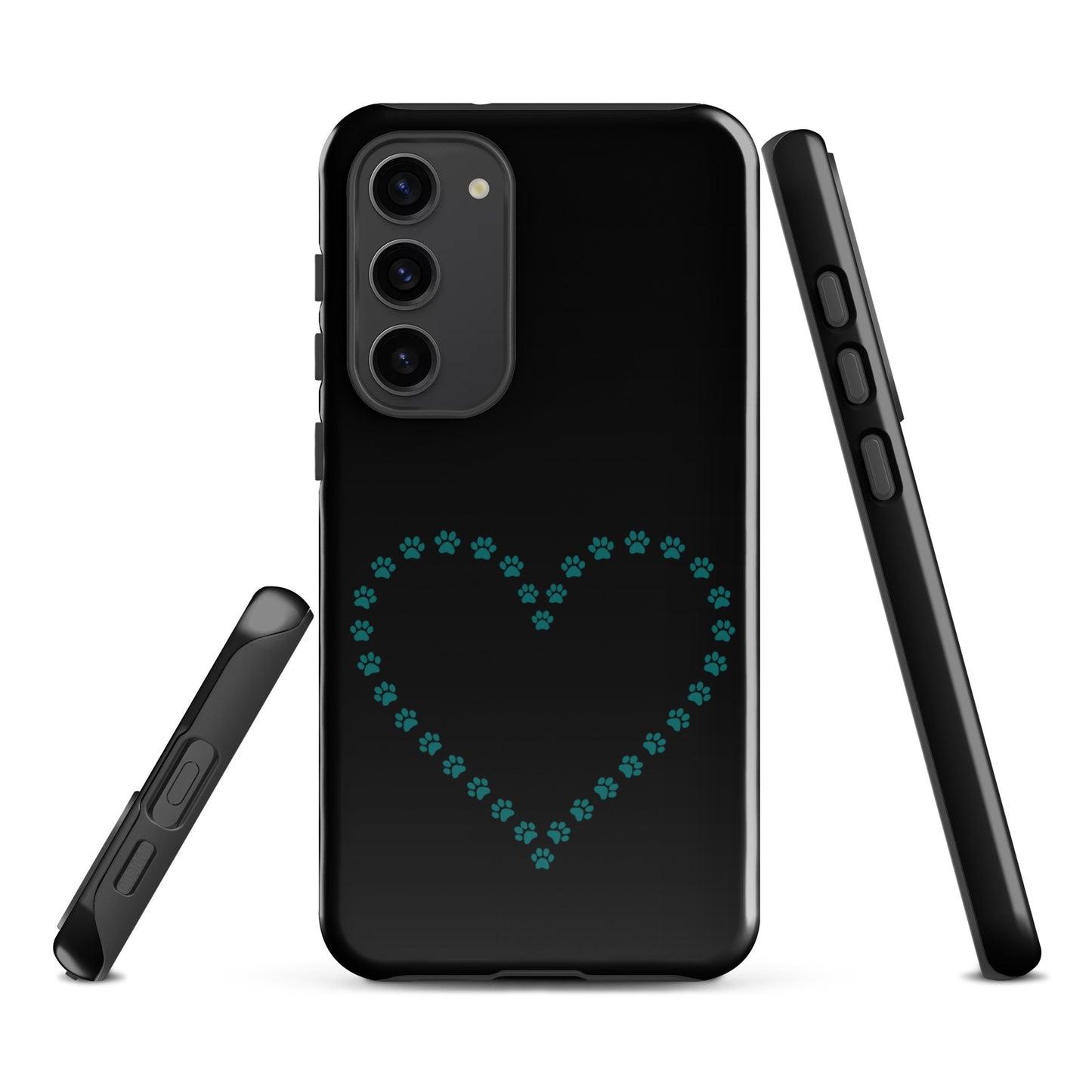 Phone Case for Samsung Galaxy featuring teal paw print heart design, ideal for pet lovers seeking stylish protection in black/teal.