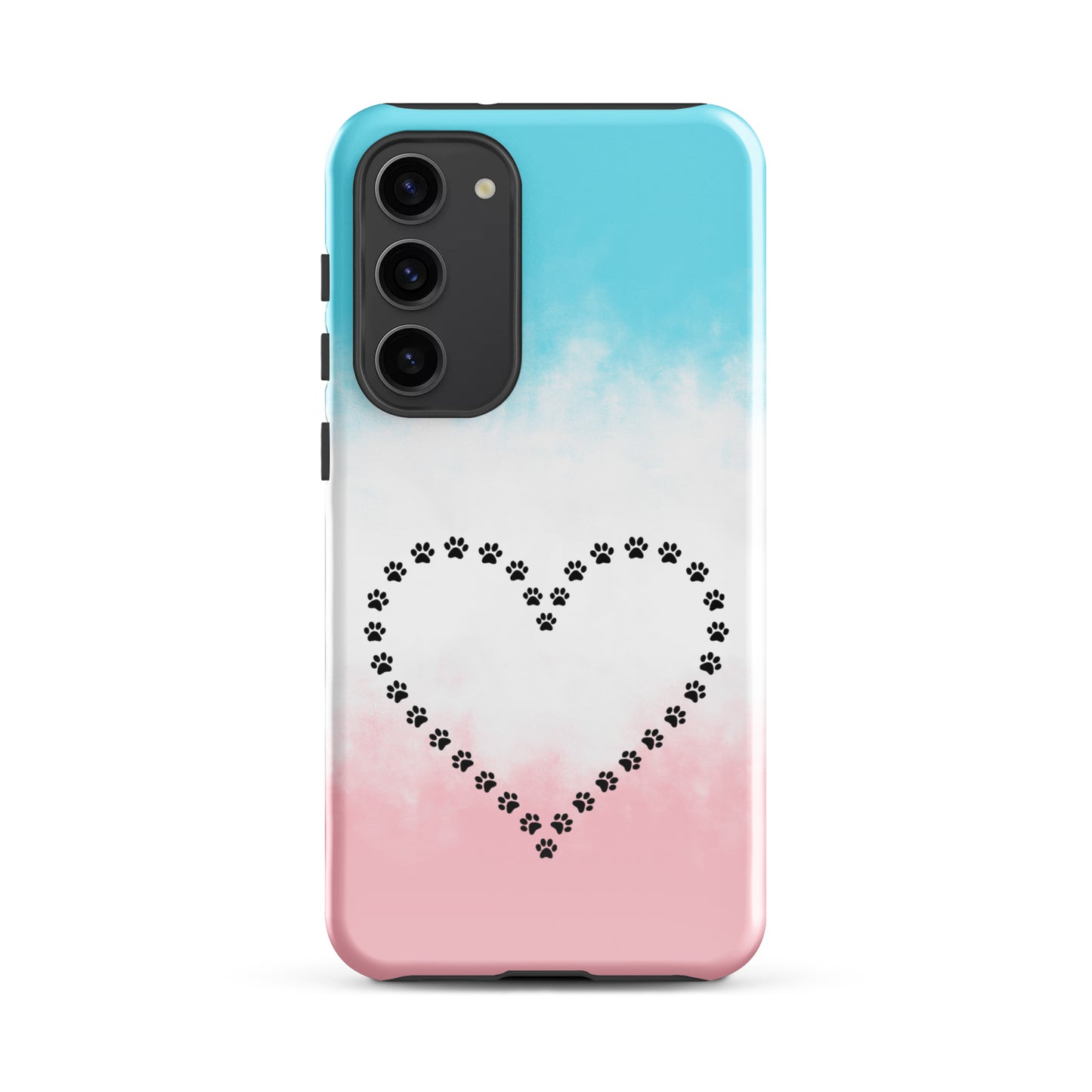 Phone Case for Samsung Galaxy with paw print heart design in blue, white, pink for pet lovers.