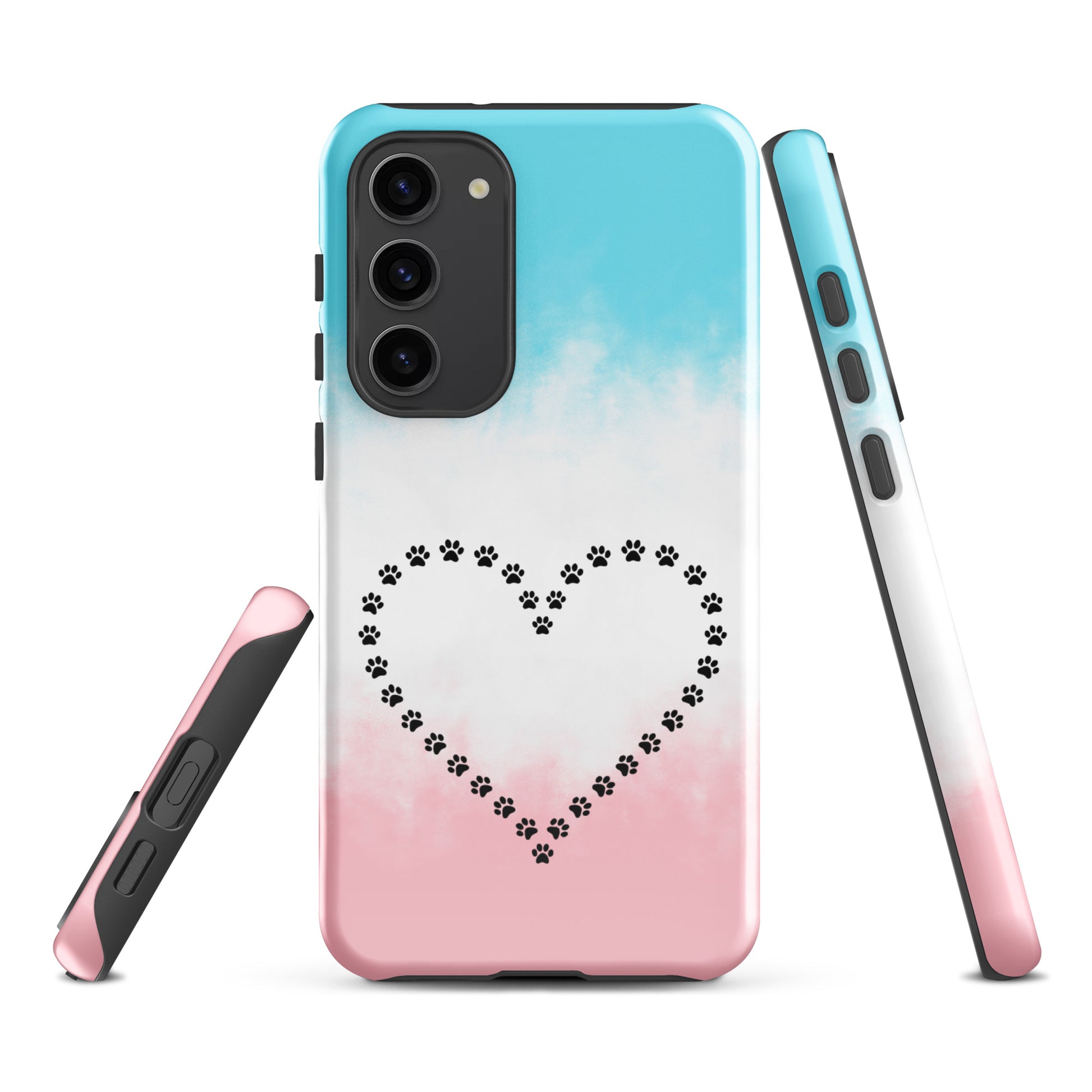 Phone Case for Samsung Galaxy with paw print heart design in blue, white, and pink, perfect for pet lovers seeking fun and protection.