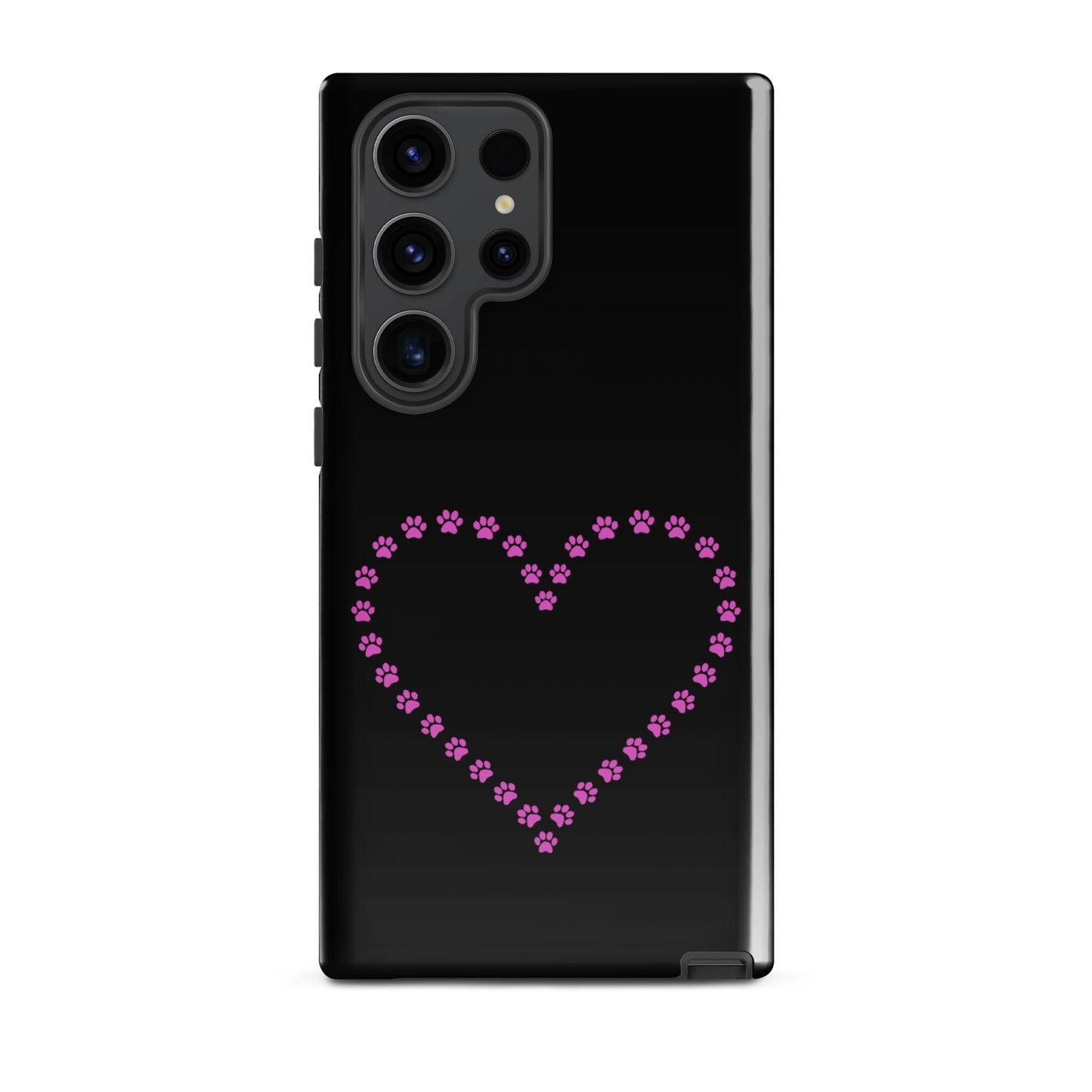 Phone Case for Samsung Galaxy with paw print heart design in black and pink, ideal for pet lovers who adore cats and dogs.