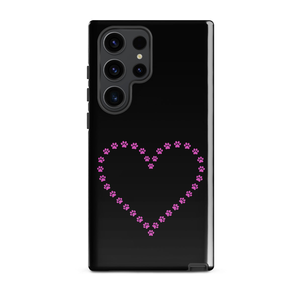 Phone Case for Samsung Galaxy with paw print heart design in black and pink, ideal for pet lovers who adore cats and dogs.