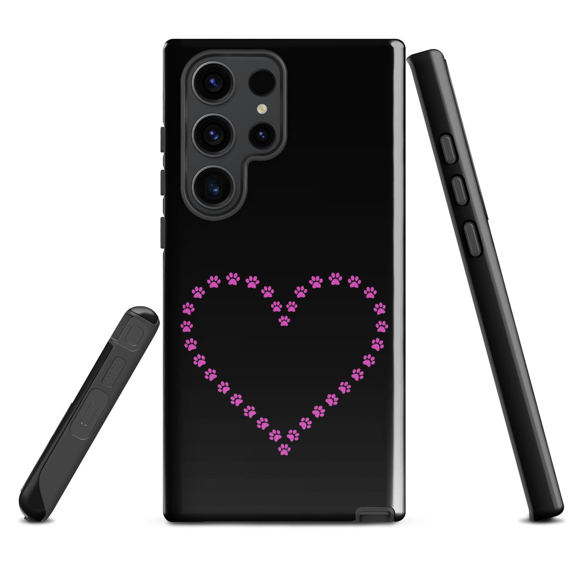 Phone Case for Samsung Galaxy with pink paw print heart design, ideal for pet lovers. Black case provides stylish protection and charm.