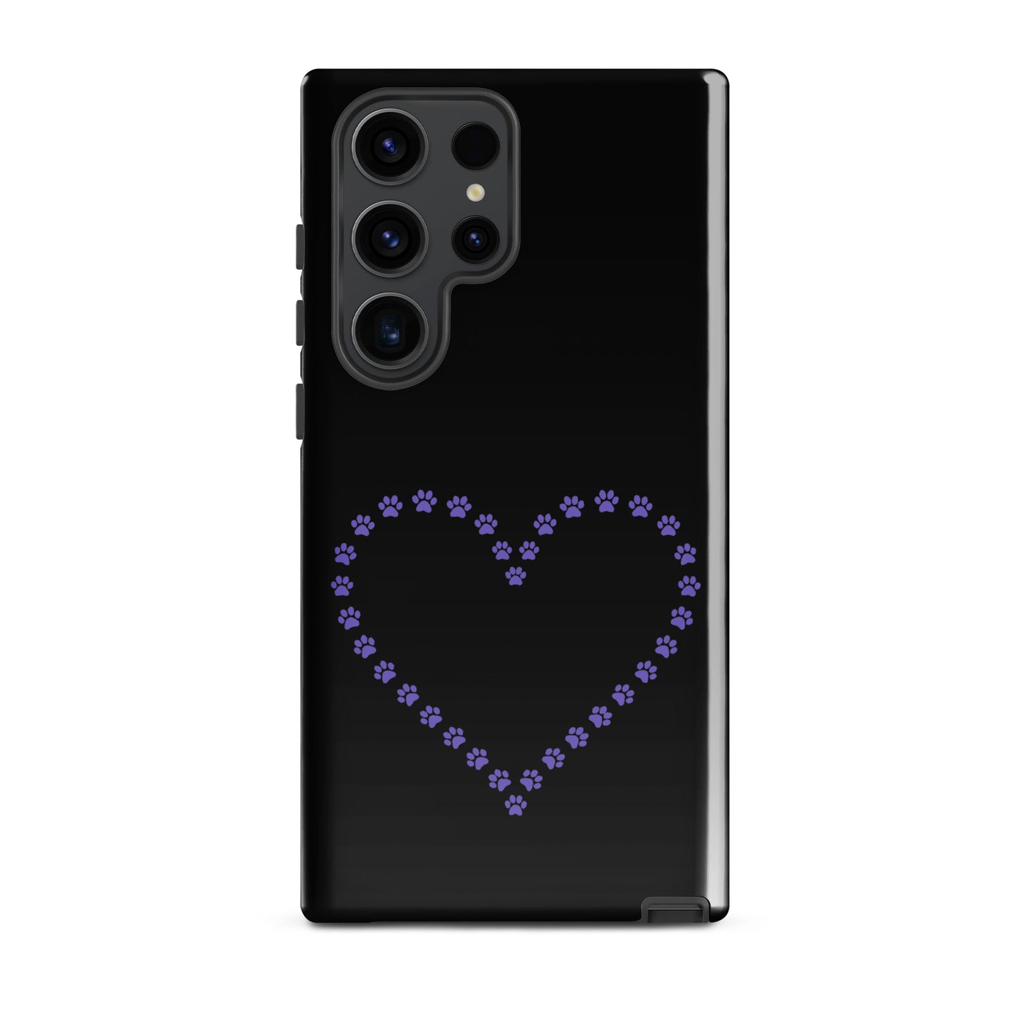 Phone Case for Samsung Galaxy with purple paw print heart design, perfect for cat and dog lovers, in black and purple design.