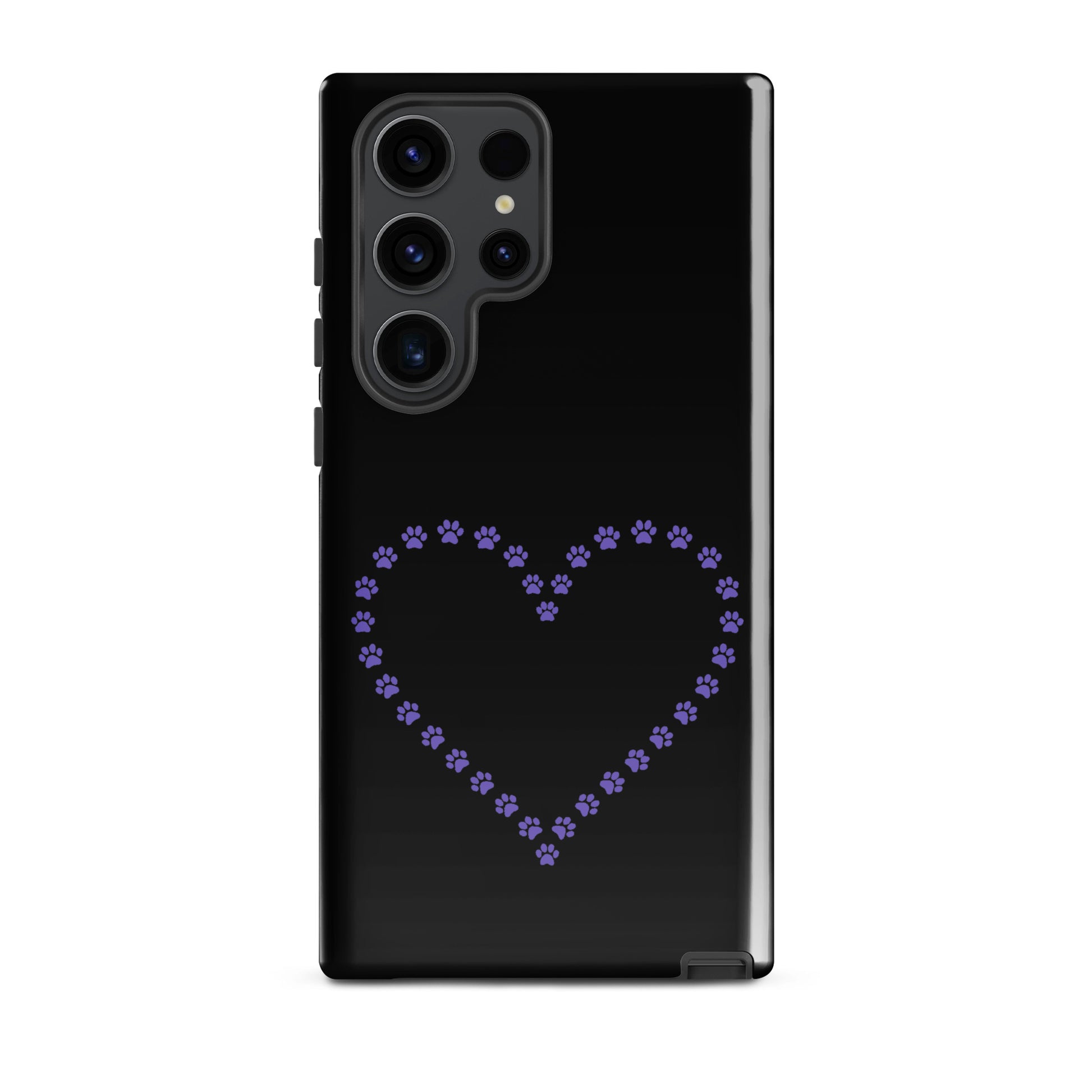 Phone Case for Samsung Galaxy with purple paw print heart design, perfect for cat and dog lovers, in black and purple design.