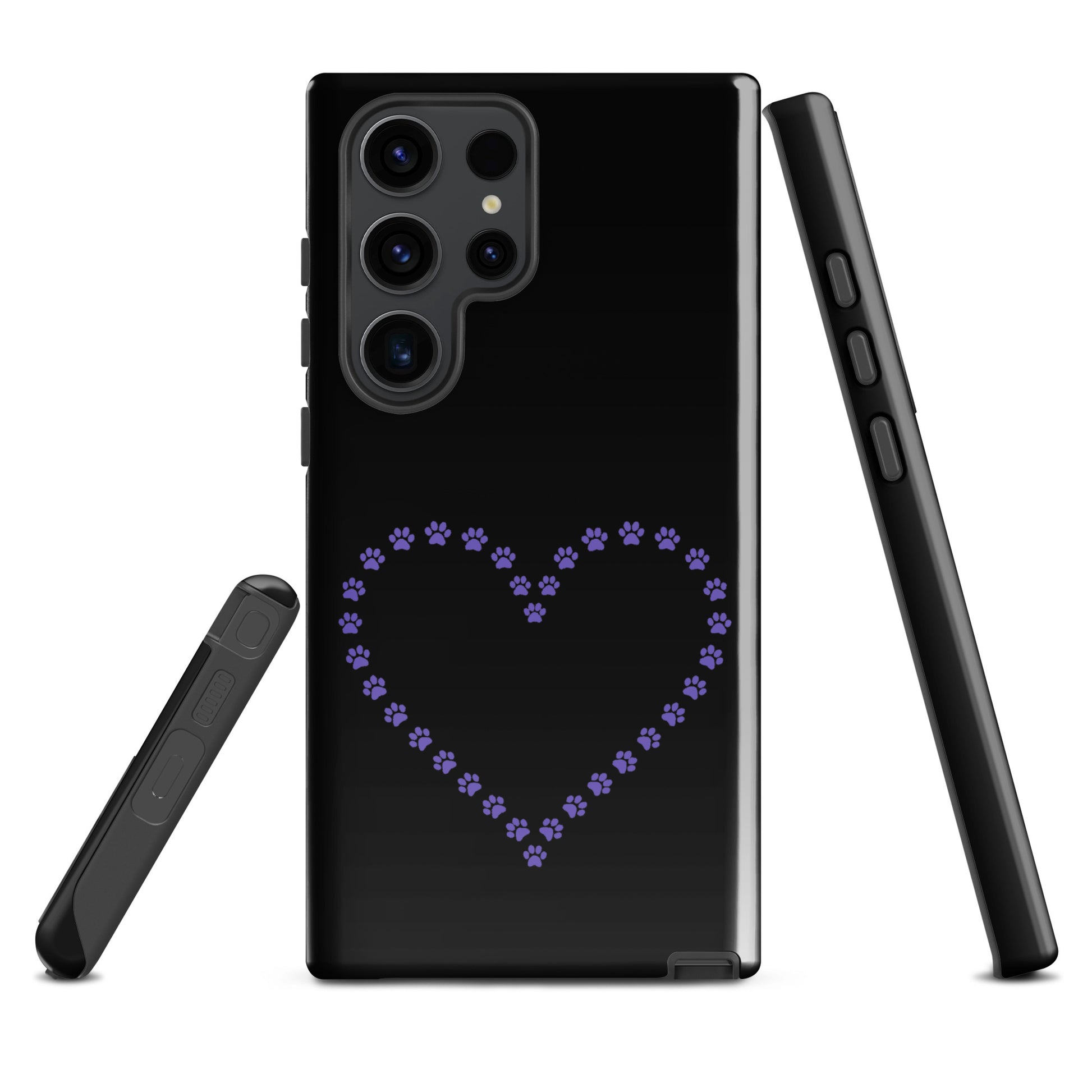 Phone Case for Samsung Galaxy with purple paw print heart design, ideal for pet lovers, in black color.