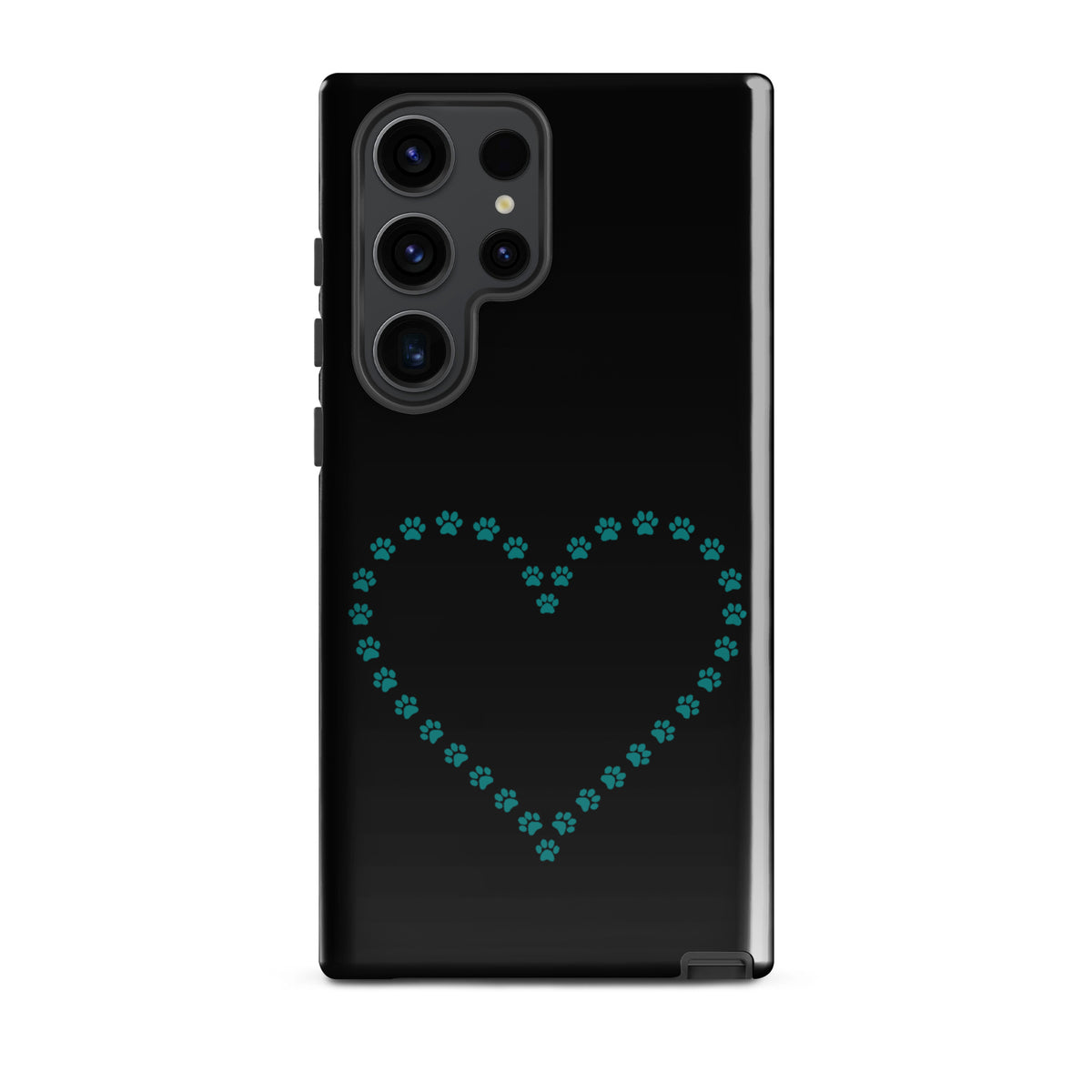 Phone Case for Samsung Galaxy with teal paw print heart design for pet lovers in black.