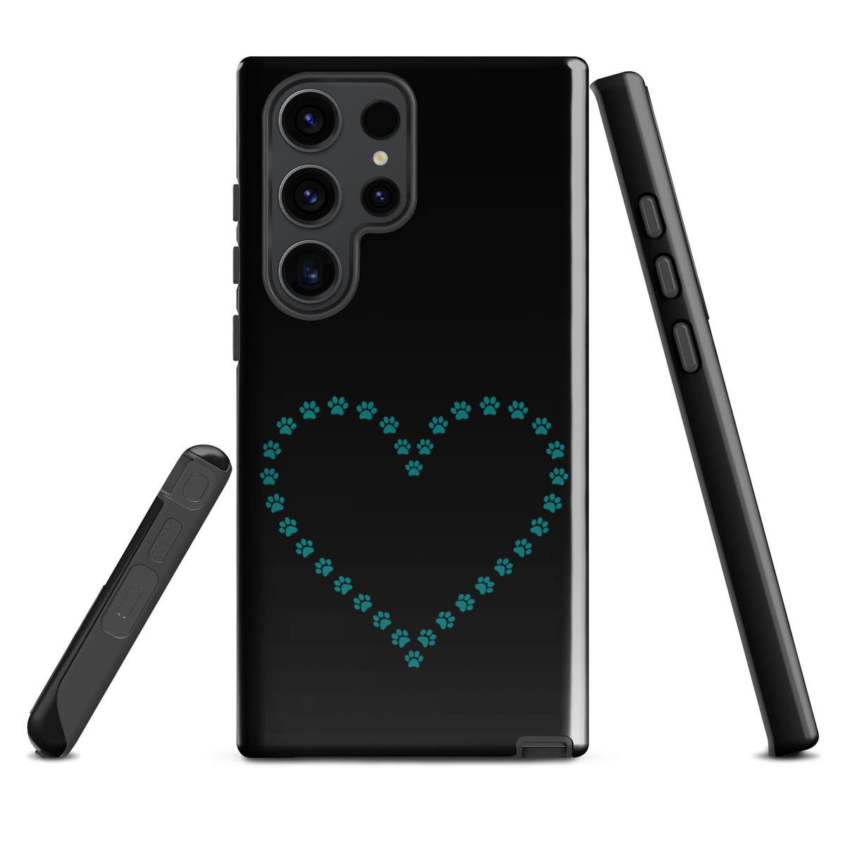 Phone Case for Samsung Galaxy with teal paw print heart design for pet lovers on black background.