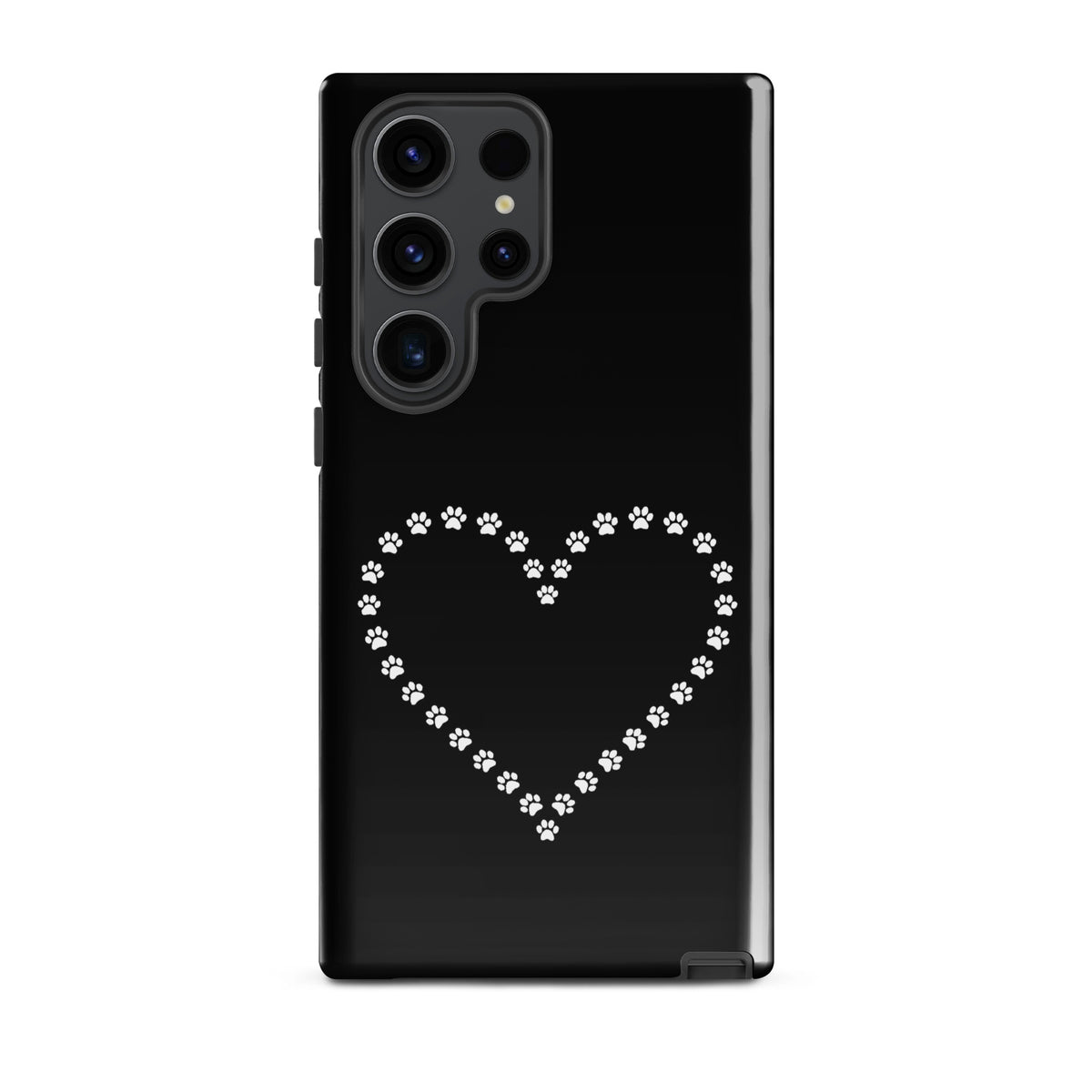 Phone Case for Samsung Galaxy with paw print heart design in black and white, perfect for pet lovers and offering durable protection.