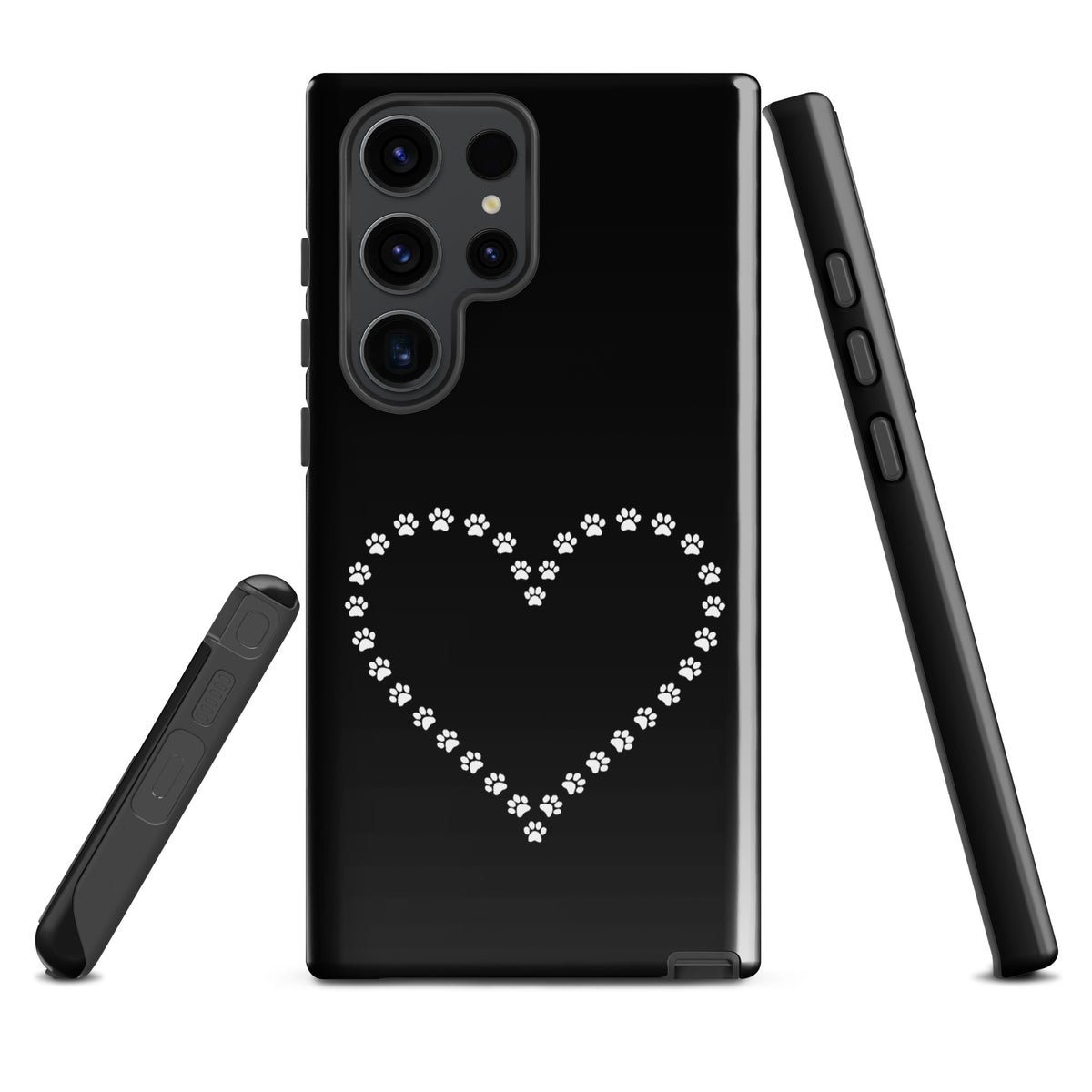 Phone Case for Samsung Galaxy with paw print heart design in black and white, perfect for pet lovers seeking playful yet durable protection.