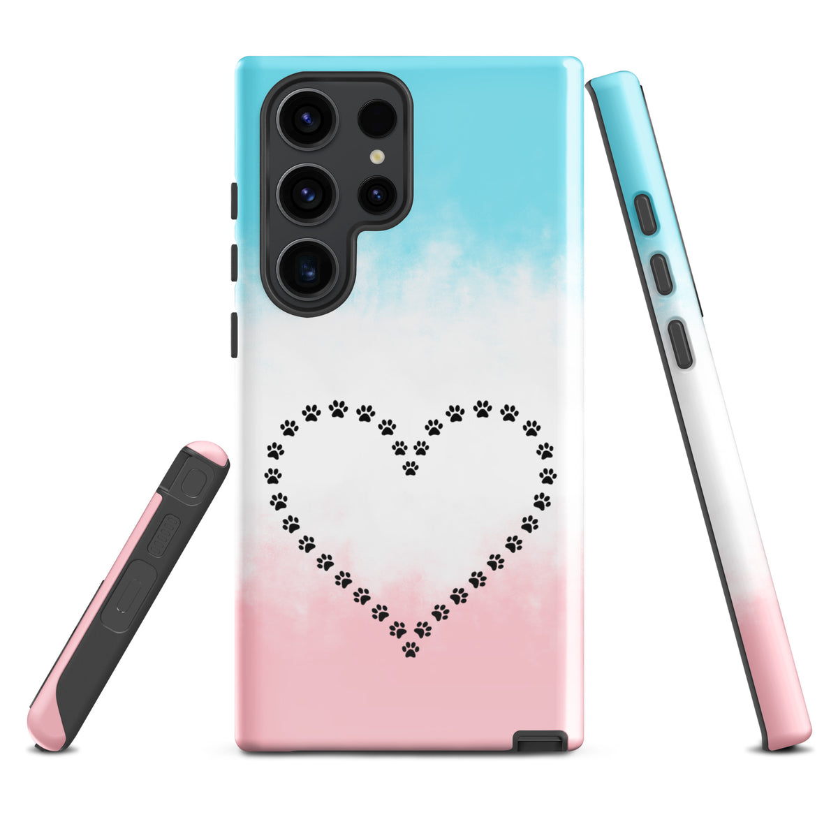 Phone Case for Samsung Galaxy with paw print heart design in blue, white, pink. Ideal for pet lovers and provides durable protection.