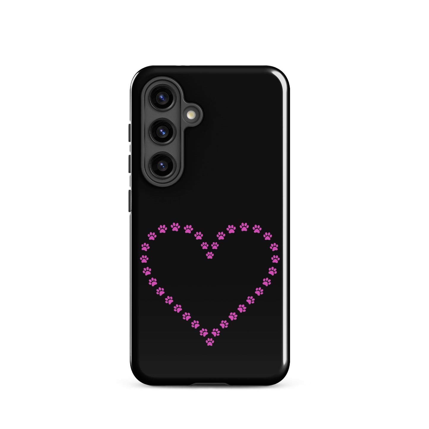 Phone Case for Samsung Galaxy with pink paw print heart design in black/pink for pet lovers, durable and charming.