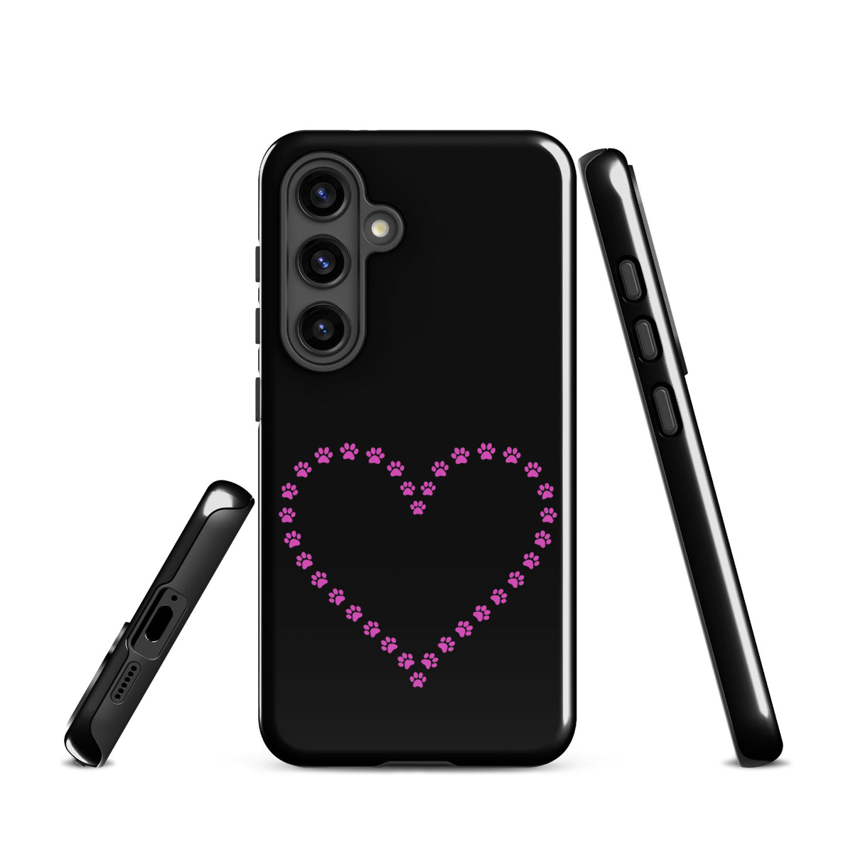 Phone Case for Samsung Galaxy with pink paw print heart design on black background, ideal for pet lovers and offers durable protection.