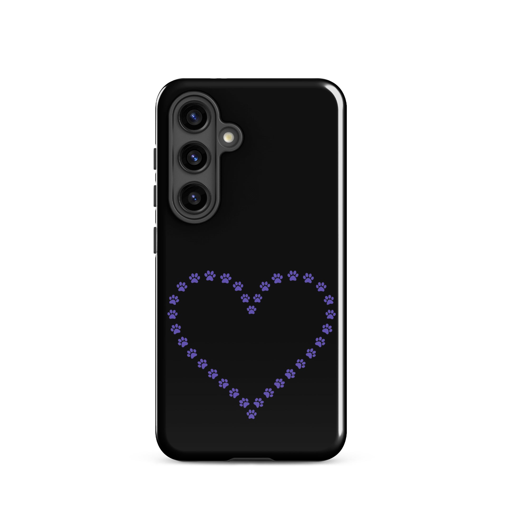Phone Case for Samsung Galaxy with black and purple paw print heart design, perfect for pet lovers and animal enthusiasts.
