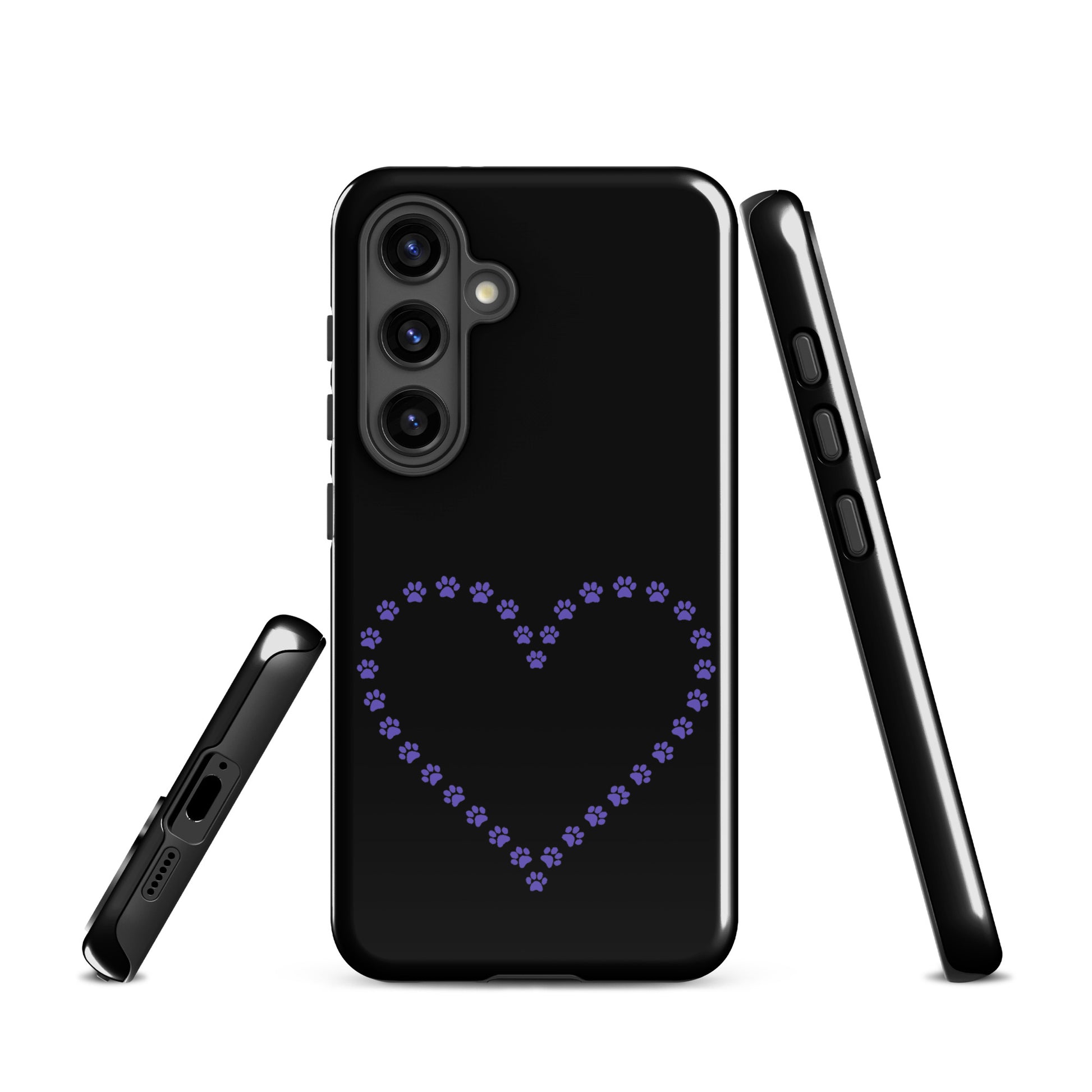 Phone Case for Samsung Galaxy in black and purple with paw print heart design, perfect for pet lovers who adore cats and dogs.