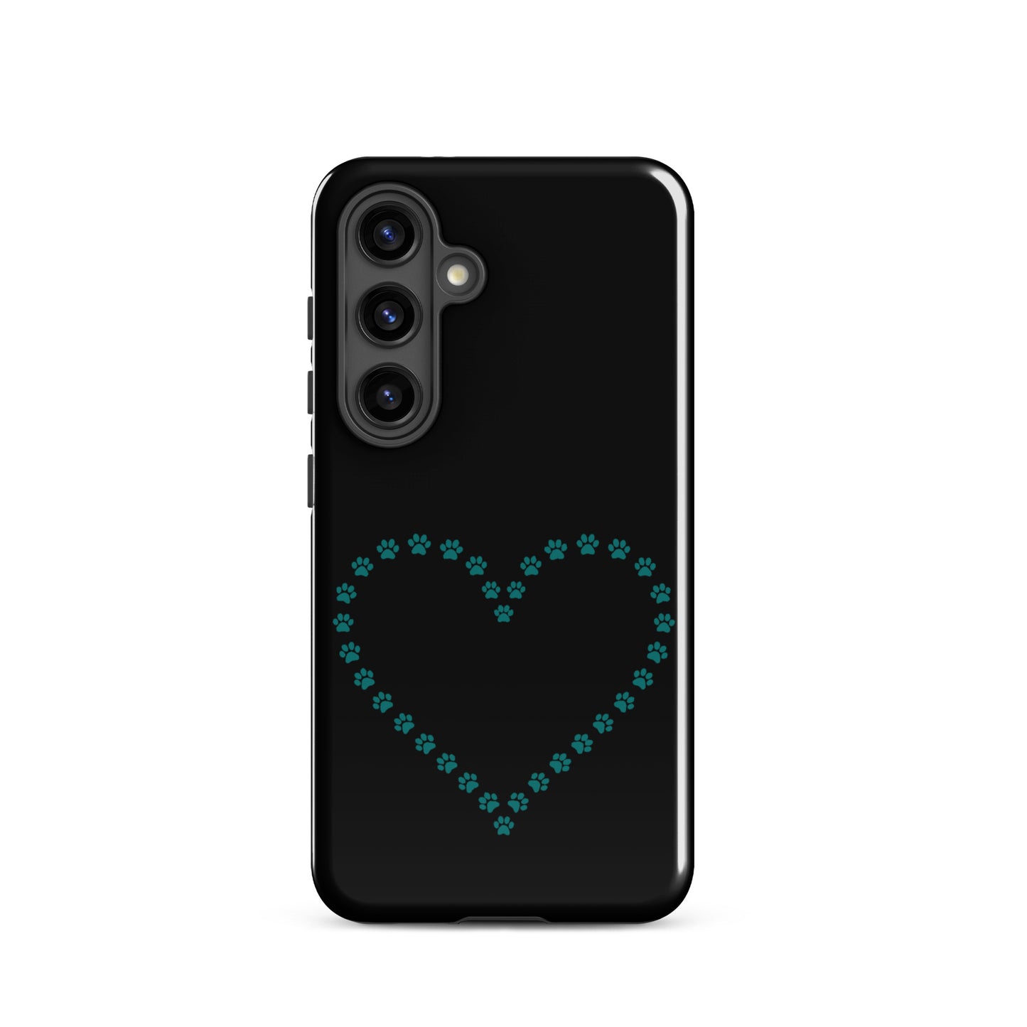 Phone Case for Samsung Galaxy with black and teal paw print heart design for pet lovers.