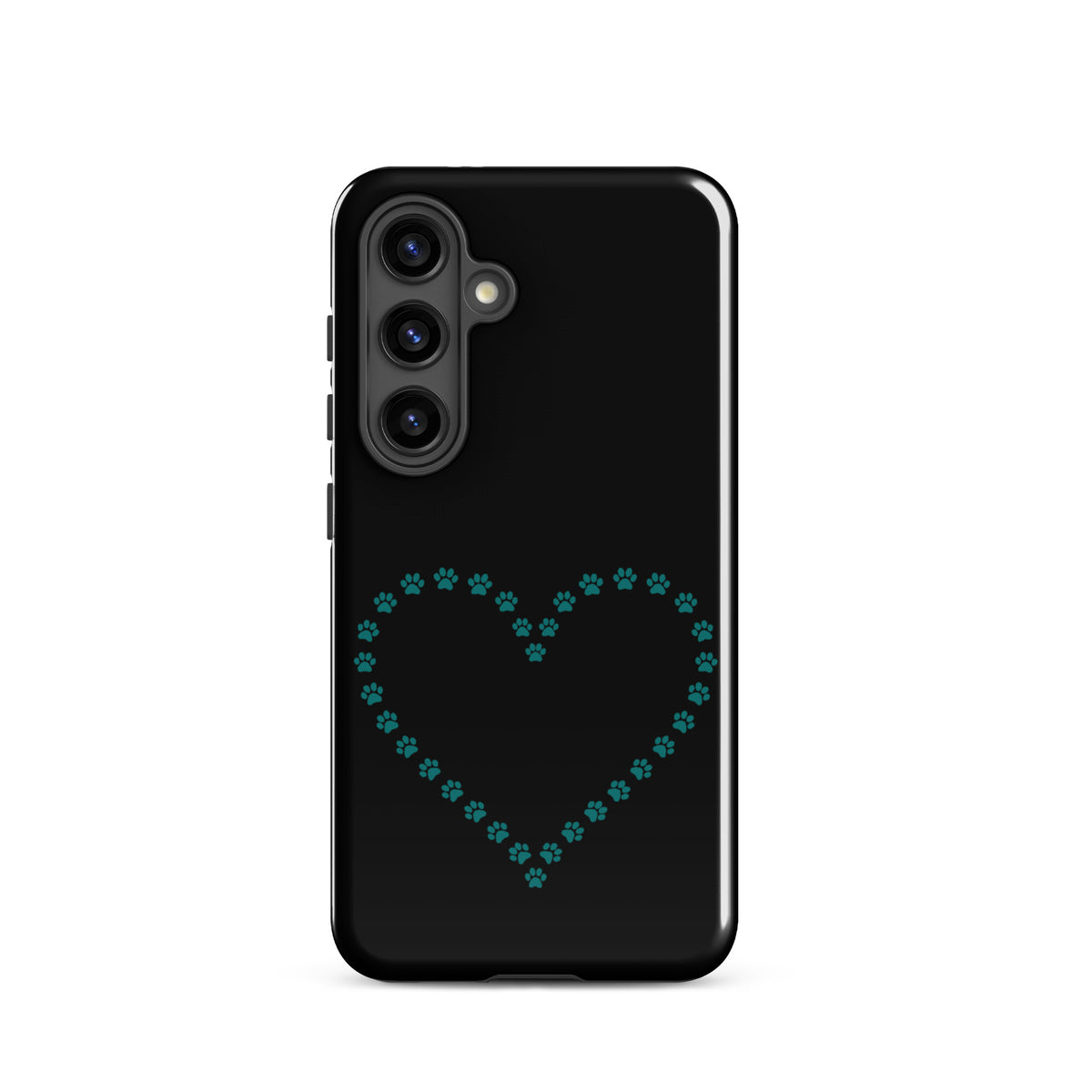 Phone Case for Samsung Galaxy with black and teal paw print heart design for pet lovers.