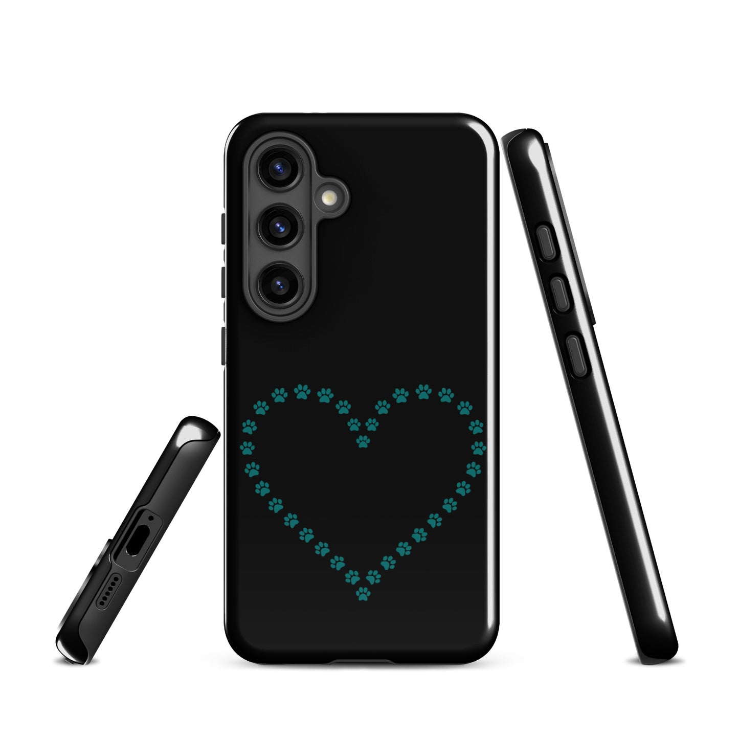 Phone Case for Samsung Galaxy with teal paw print heart design against black background, perfect for pet lovers.