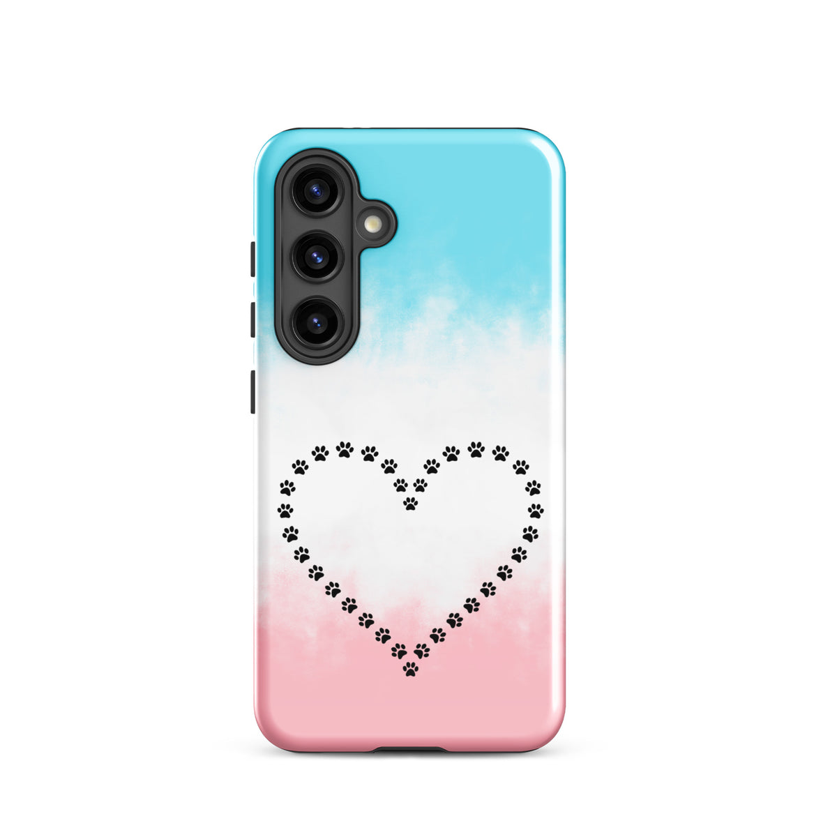 Phone Case for Samsung Galaxy with paw print heart in blue, white, pink for pet lovers. Durable protection and stylish design.
