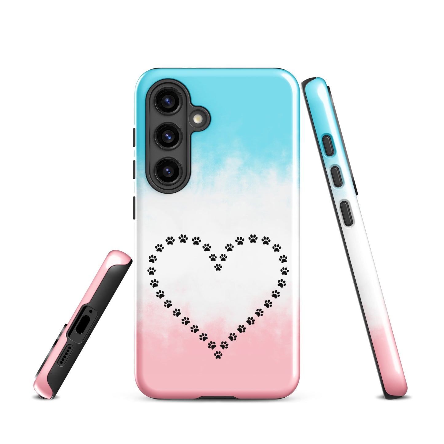 Phone Case for Samsung Galaxy with heart paw print design in blue, white, and pink for pet lovers, available for dog and cat owners.