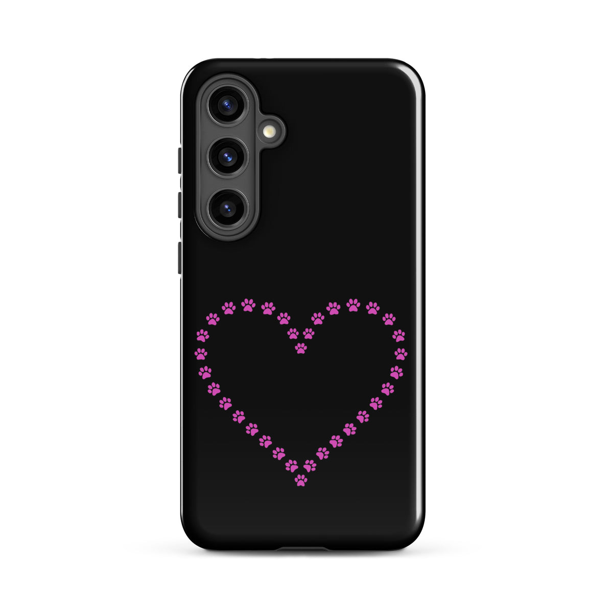 Phone Case for Samsung Galaxy with pink paw print heart design, perfect for pet lovers seeking style and durability in black and pink.