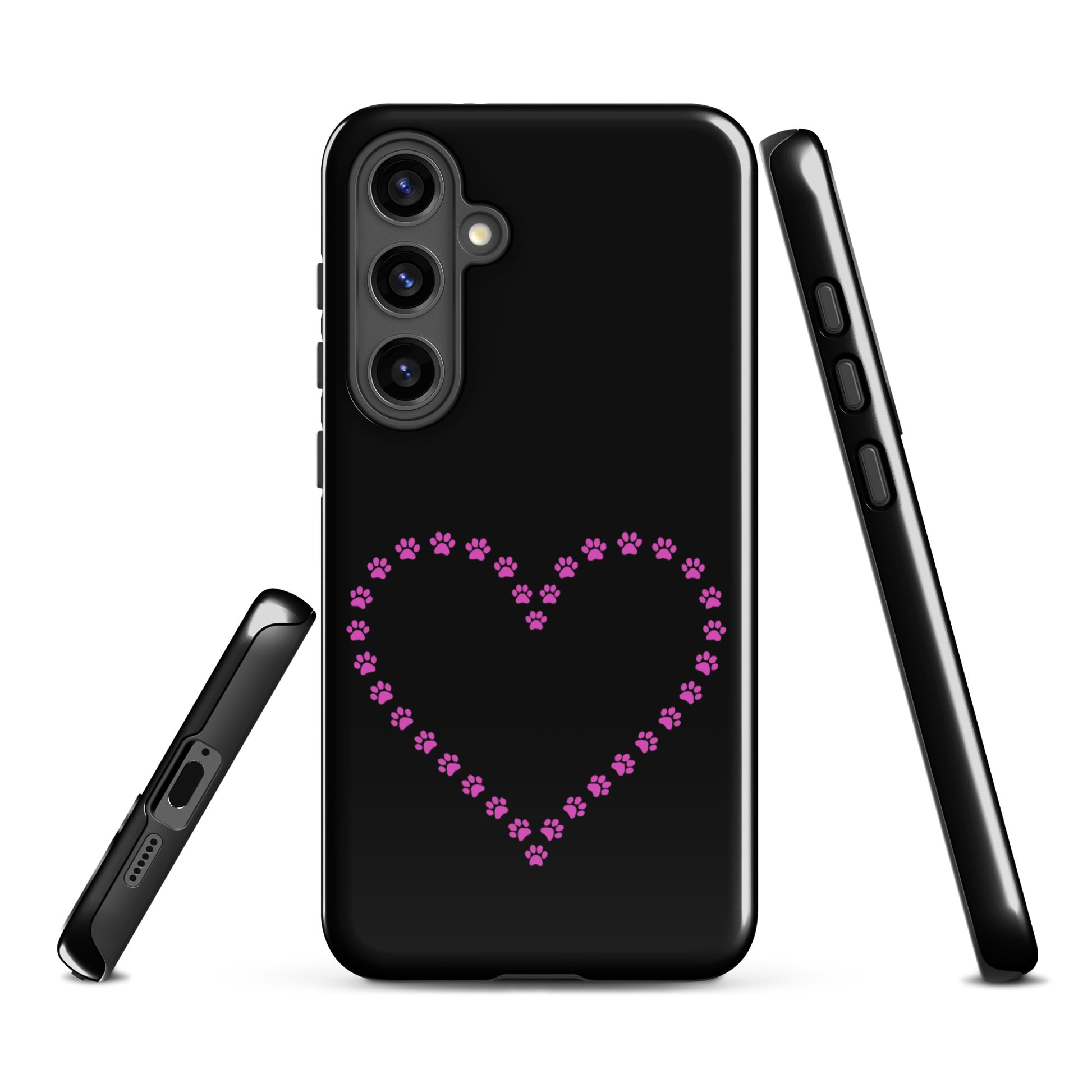 Phone Case for Samsung Galaxy with pink paw print heart design, perfect for pet lovers. Black case showcasing playful and durable style.