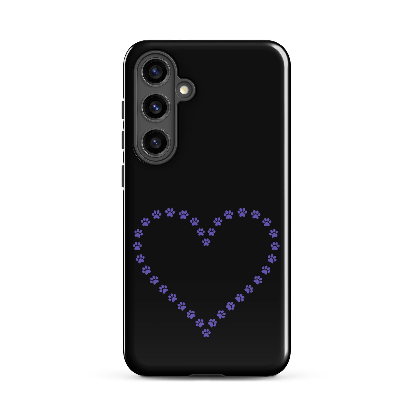 Phone Case for Samsung Galaxy with black and purple paw print heart design, perfect for pet lovers. Durable protection.