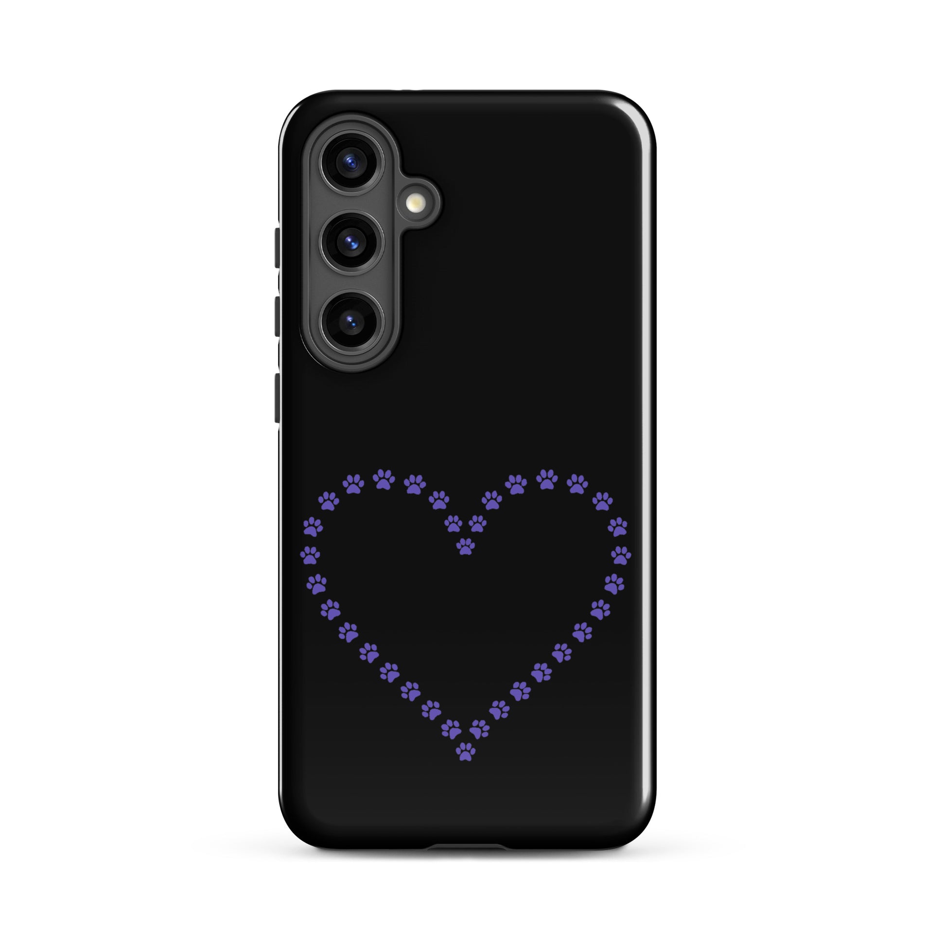 Phone Case for Samsung Galaxy with black and purple paw print heart design, perfect for pet lovers. Durable protection.
