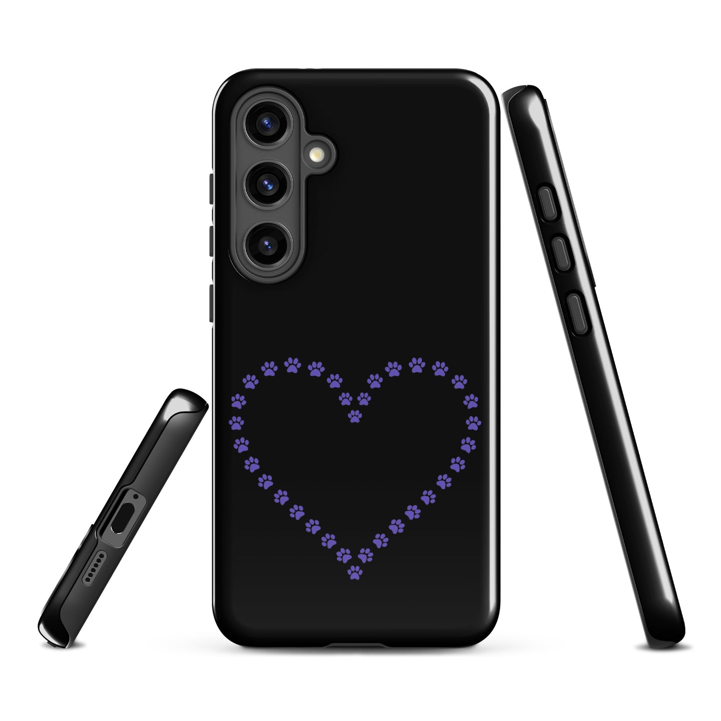 Phone Case for Samsung Galaxy with purple paw print heart design for pet lovers, black background, durable protection