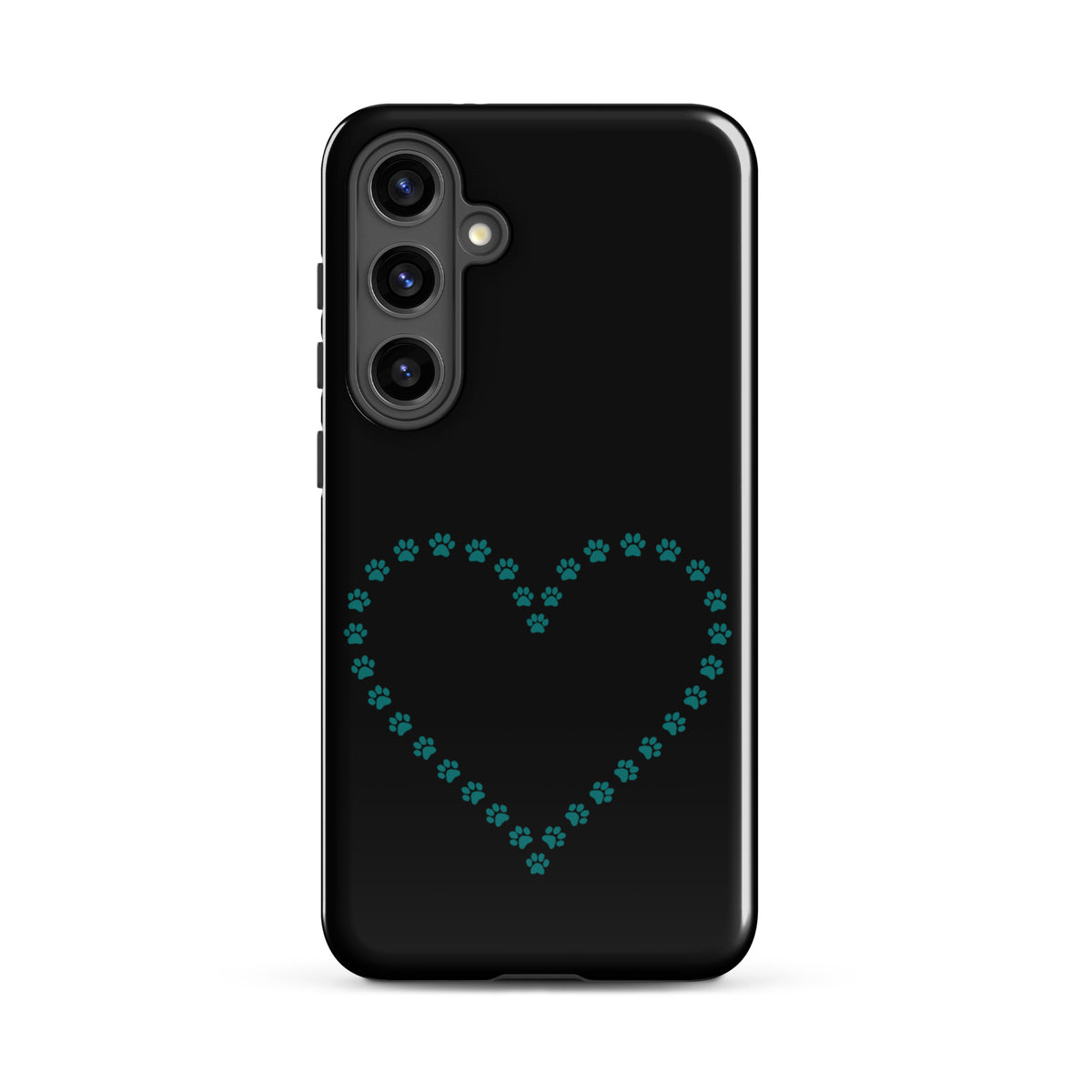 Phone Case for Samsung Galaxy with teal paw print heart design for pet lovers, durable and protective in black color.