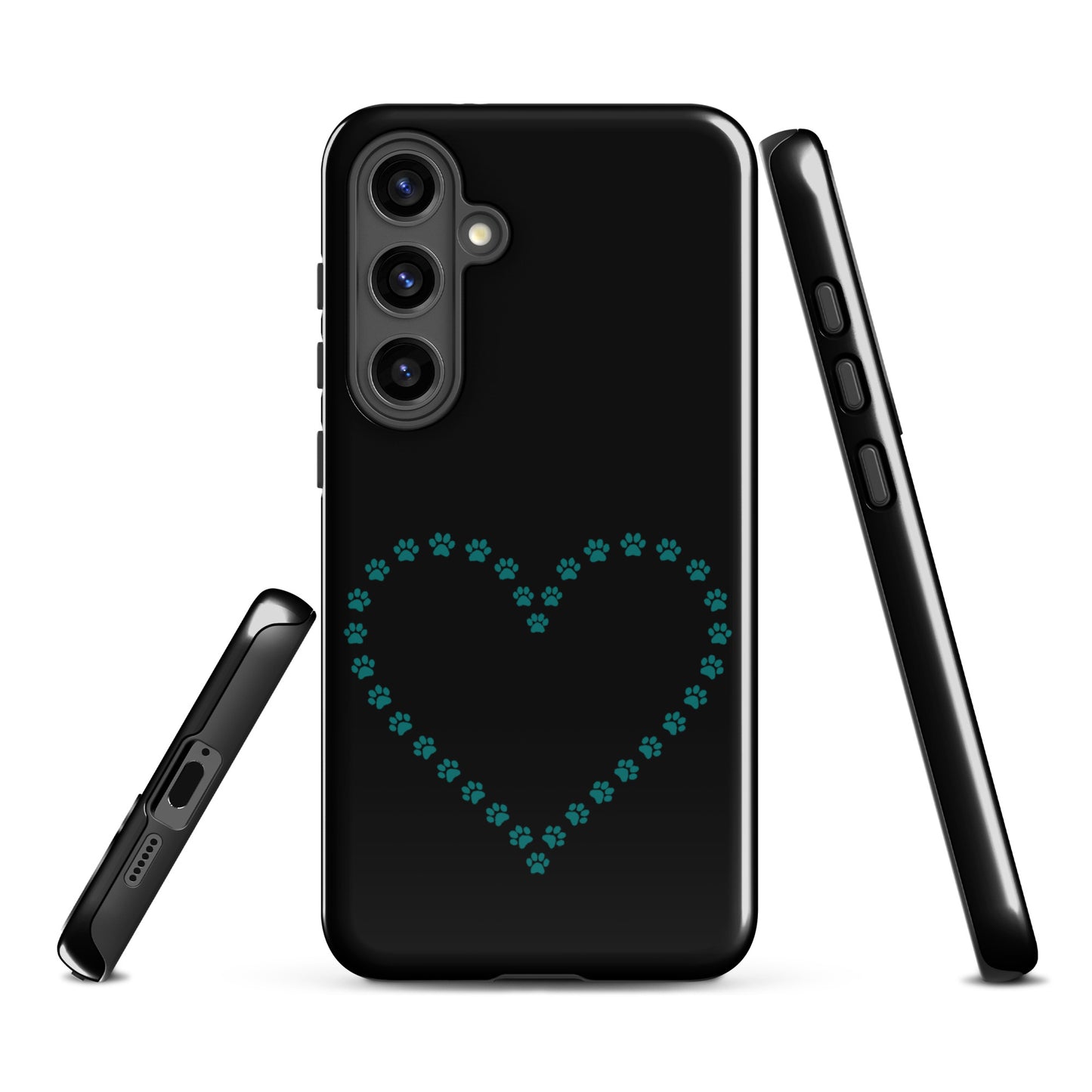 Phone Case for Samsung Galaxy with black and teal paw print heart design for pet lovers.
