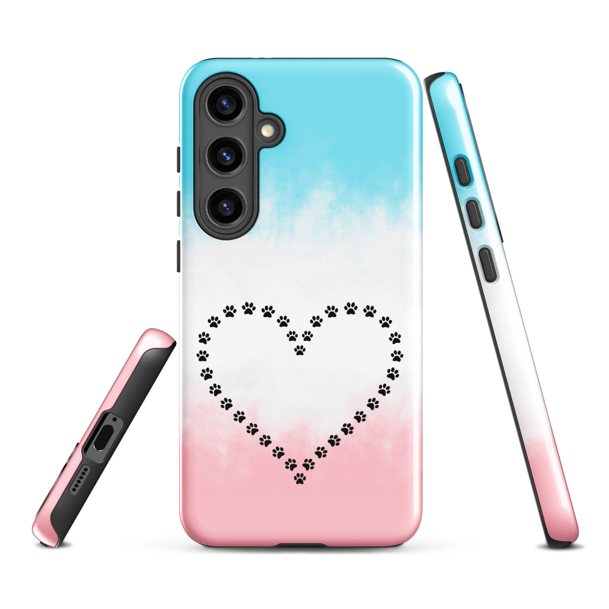 Phone Case for Samsung Galaxy with paw print heart design in blue, white, pink for pet lovers. Durable and charming protection.