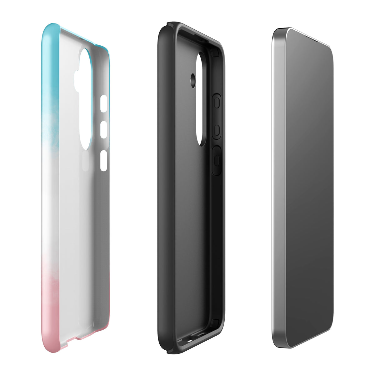 Phone Case for Samsung Galaxy with paw print heart design in blue, white, and pink, showcasing its protective layers and sleek profile.