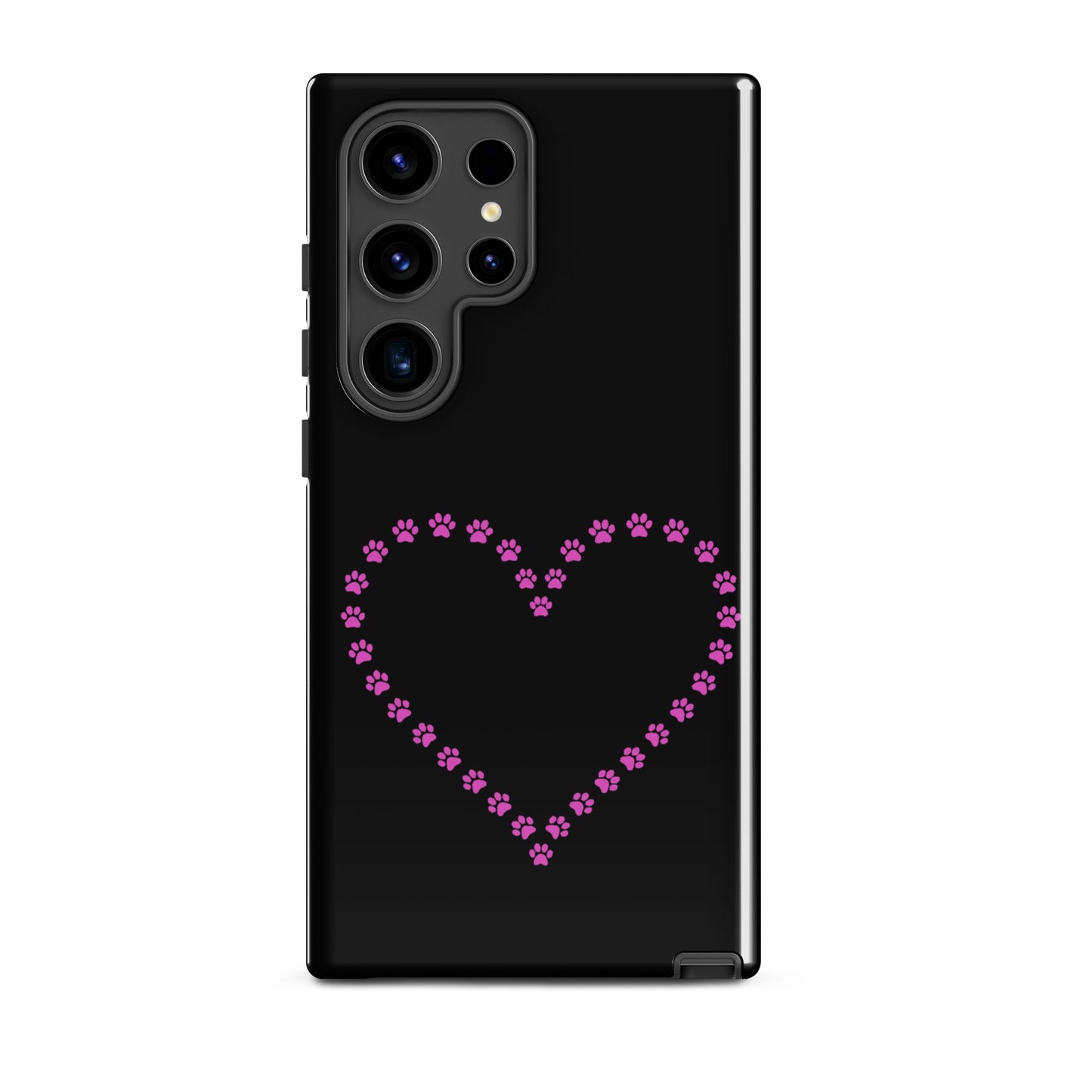 Phone Case for Samsung Galaxy with pink paw print heart design on black background, perfect for pet lovers. Durable and stylish.