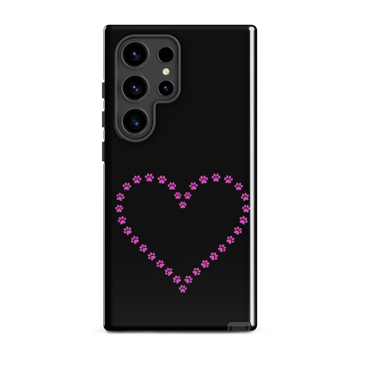 Phone Case for Samsung Galaxy with pink paw print heart design on black background, perfect for pet lovers. Durable and stylish.
