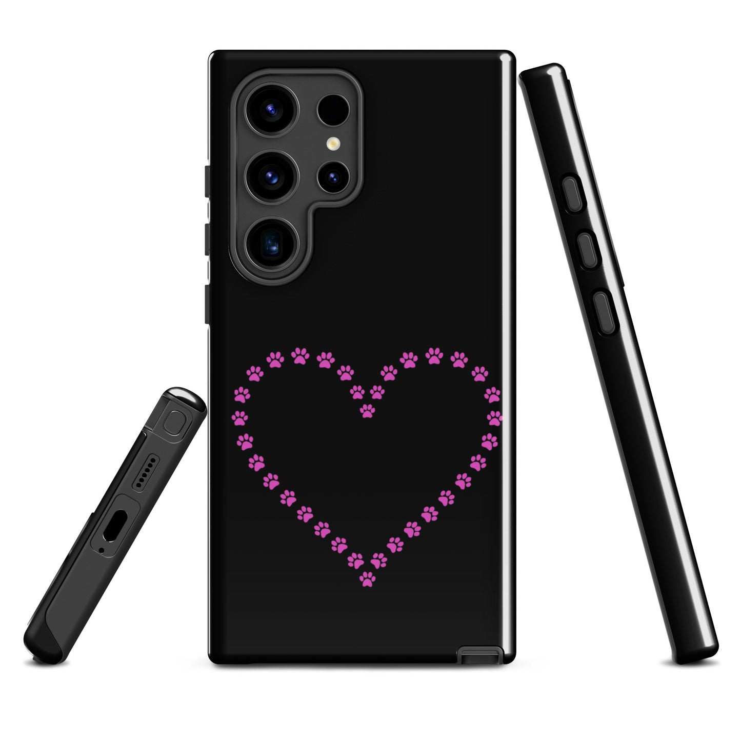 Phone Case for Samsung Galaxy with black and pink paw print heart design for pet lovers, cat or dog owners, durable protection case