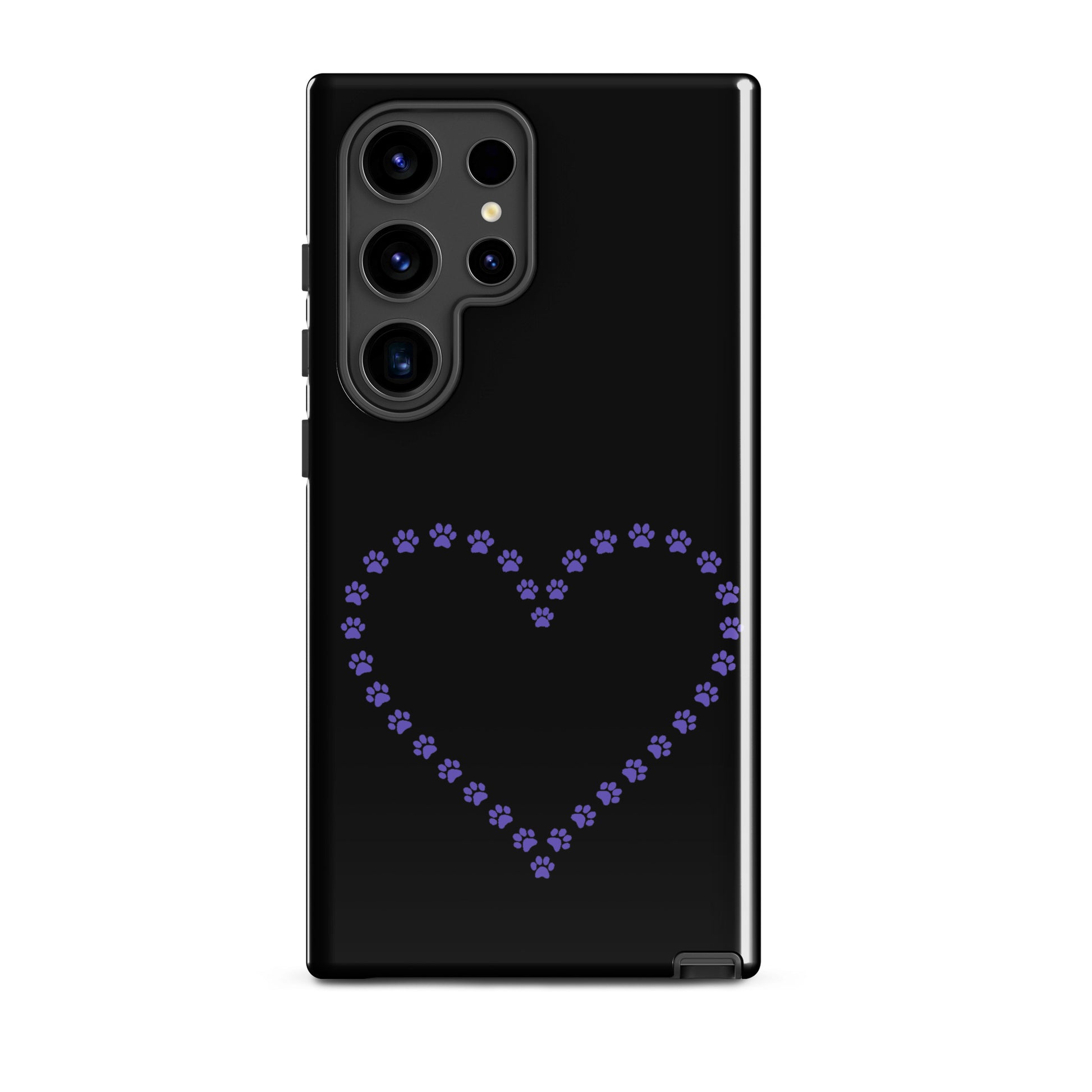 Phone Case for Samsung Galaxy with purple paw print heart design for pet lovers, black background.
