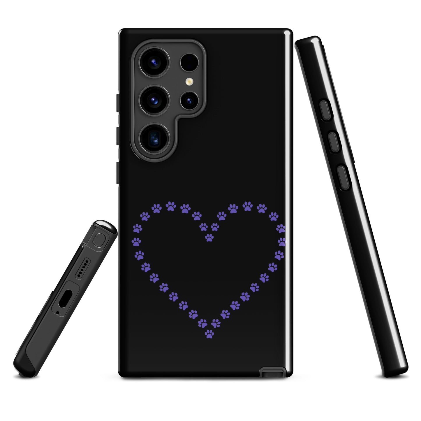 Phone Case for Samsung Galaxy with paw print heart design in black and purple, ideal for pet lovers and animal design enthusiasts.