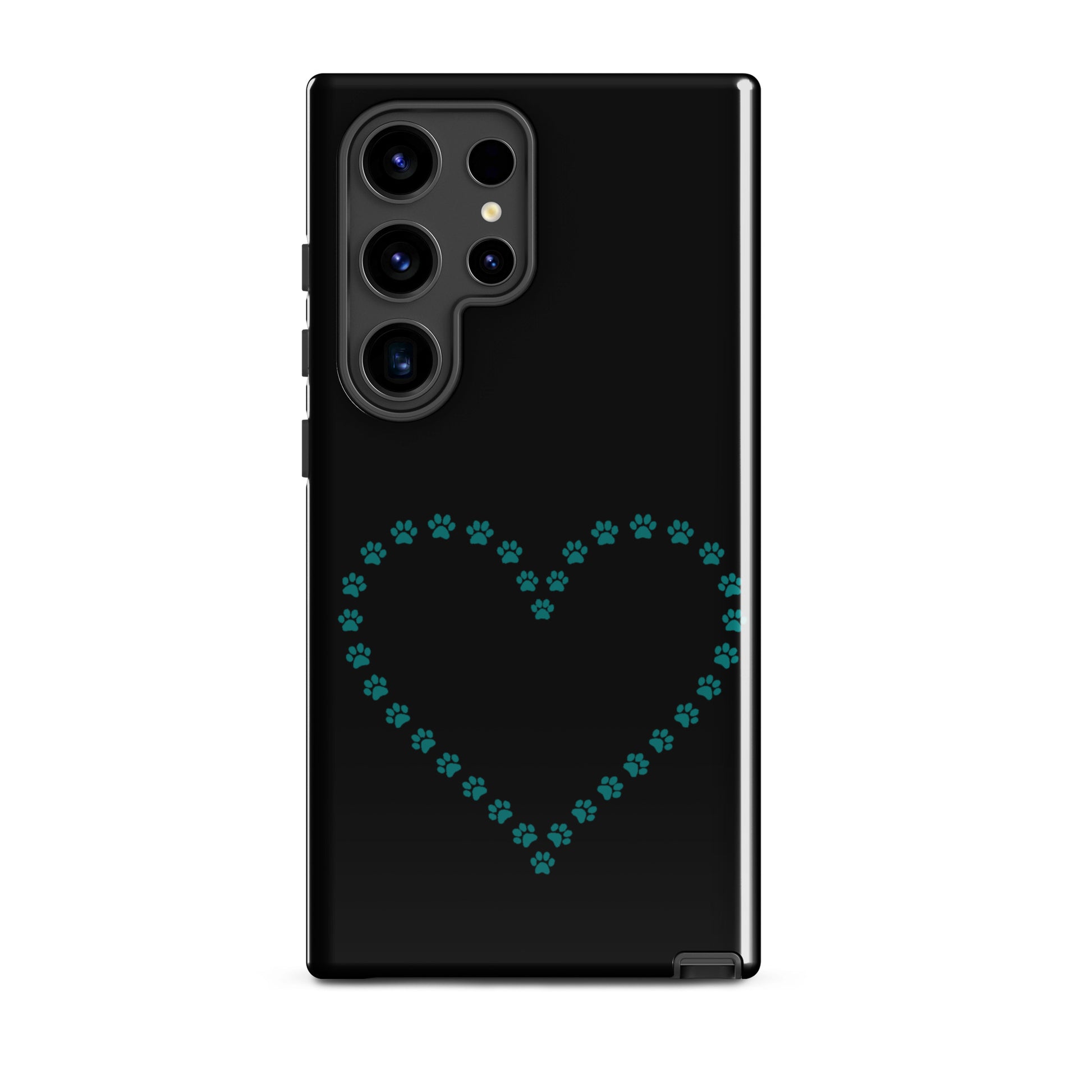 Phone Case for Samsung Galaxy with black/teal paw print heart design for pet lovers, offering charm and durability.