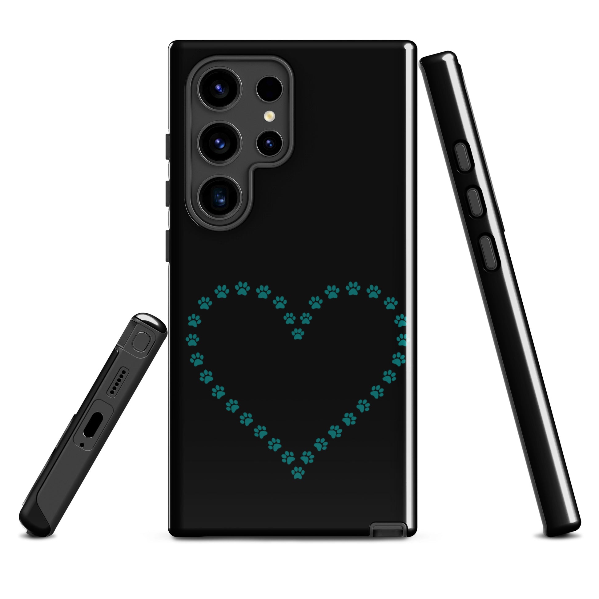 Phone Case for Samsung Galaxy featuring teal paw print heart design, ideal for pet lovers; stylish black case with durability focus.